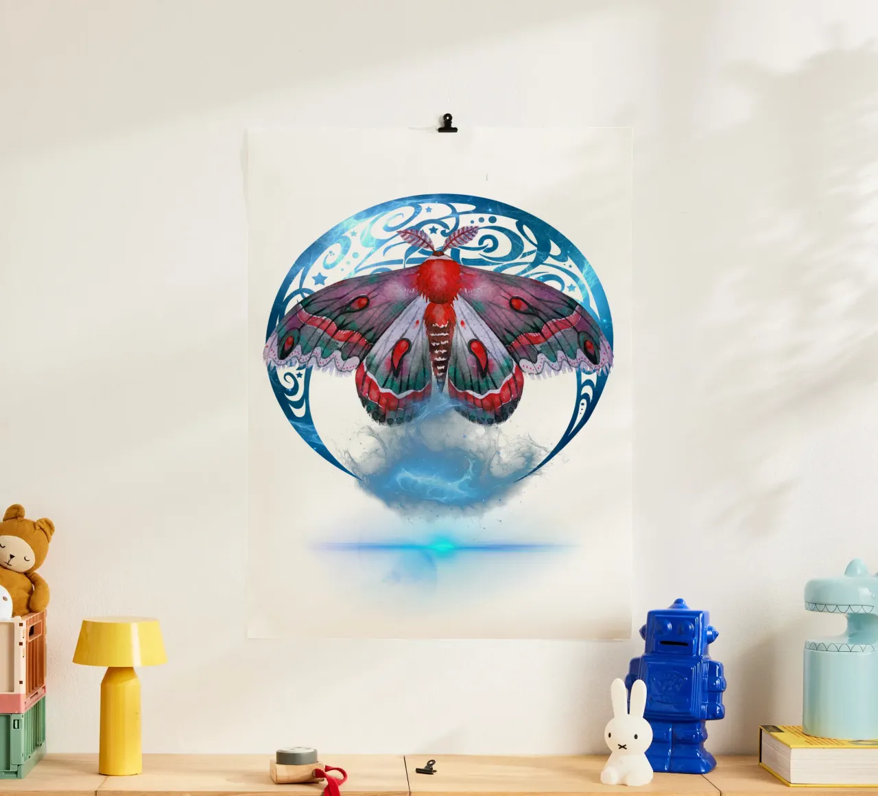 Falena mistica con luna e stelle poster con telaio in legno da Eva Nev