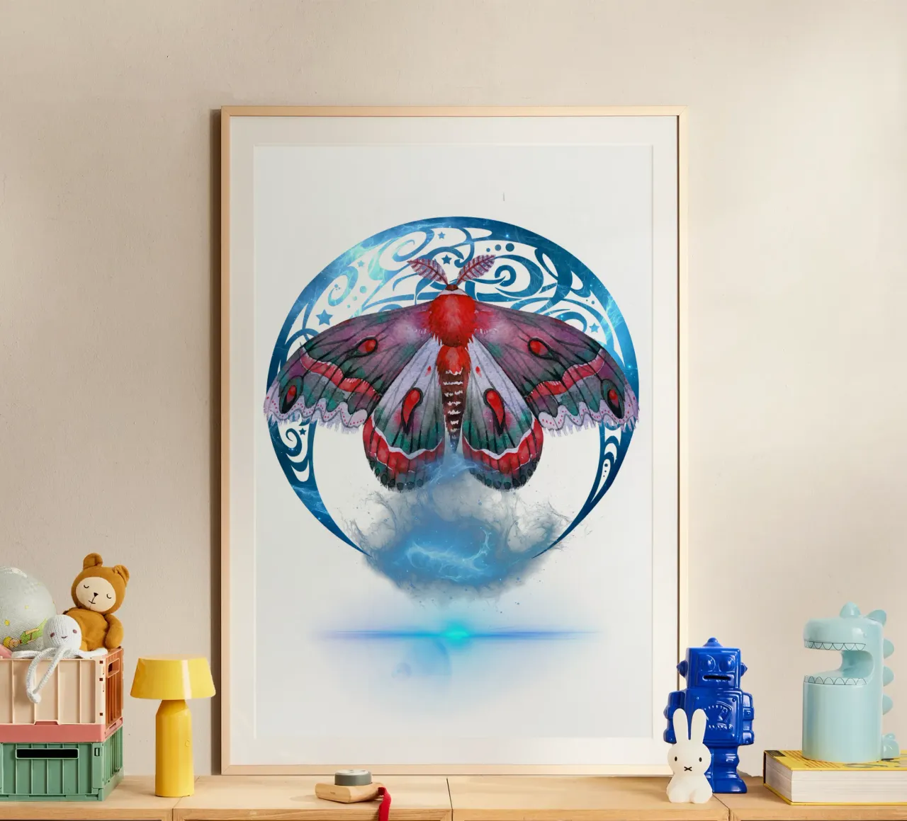 Falena mistica con luna e stelle poster con telaio in legno da Eva Nev