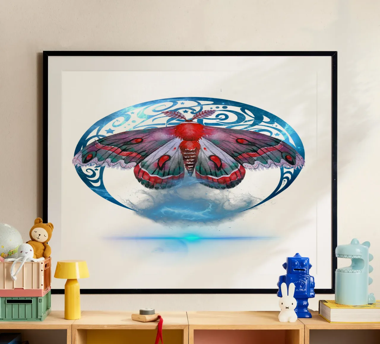 Falena mistica con luna e stelle poster con telaio in legno da Eva Nev