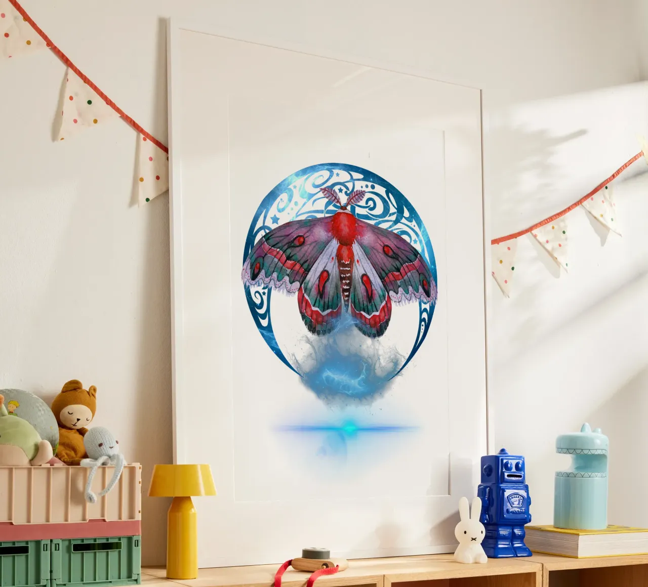 Falena mistica con luna e stelle poster con telaio in legno da Eva Nev