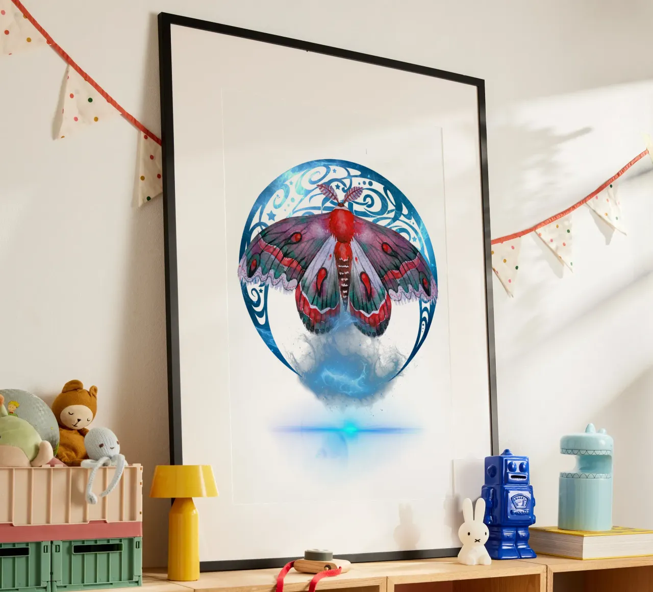 Falena mistica con luna e stelle poster con telaio in legno da Eva Nev
