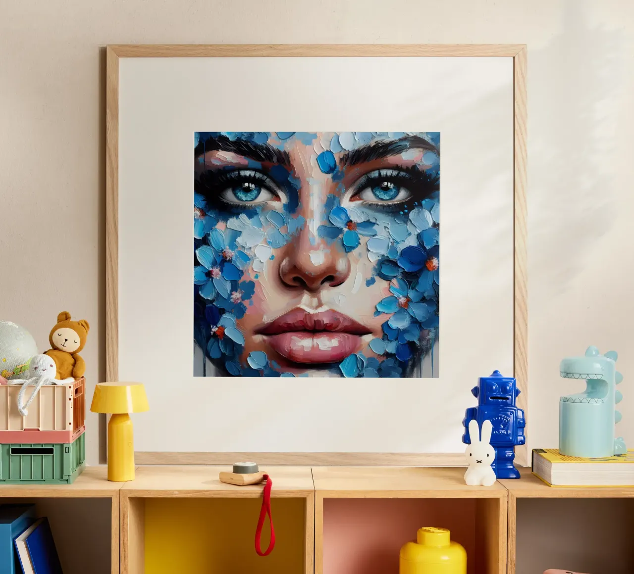 BLAUE BLÜTENBLÄTTER PORTRÄTMALEREI Poster mit Kunststoffrahmen von ARTOMATIC