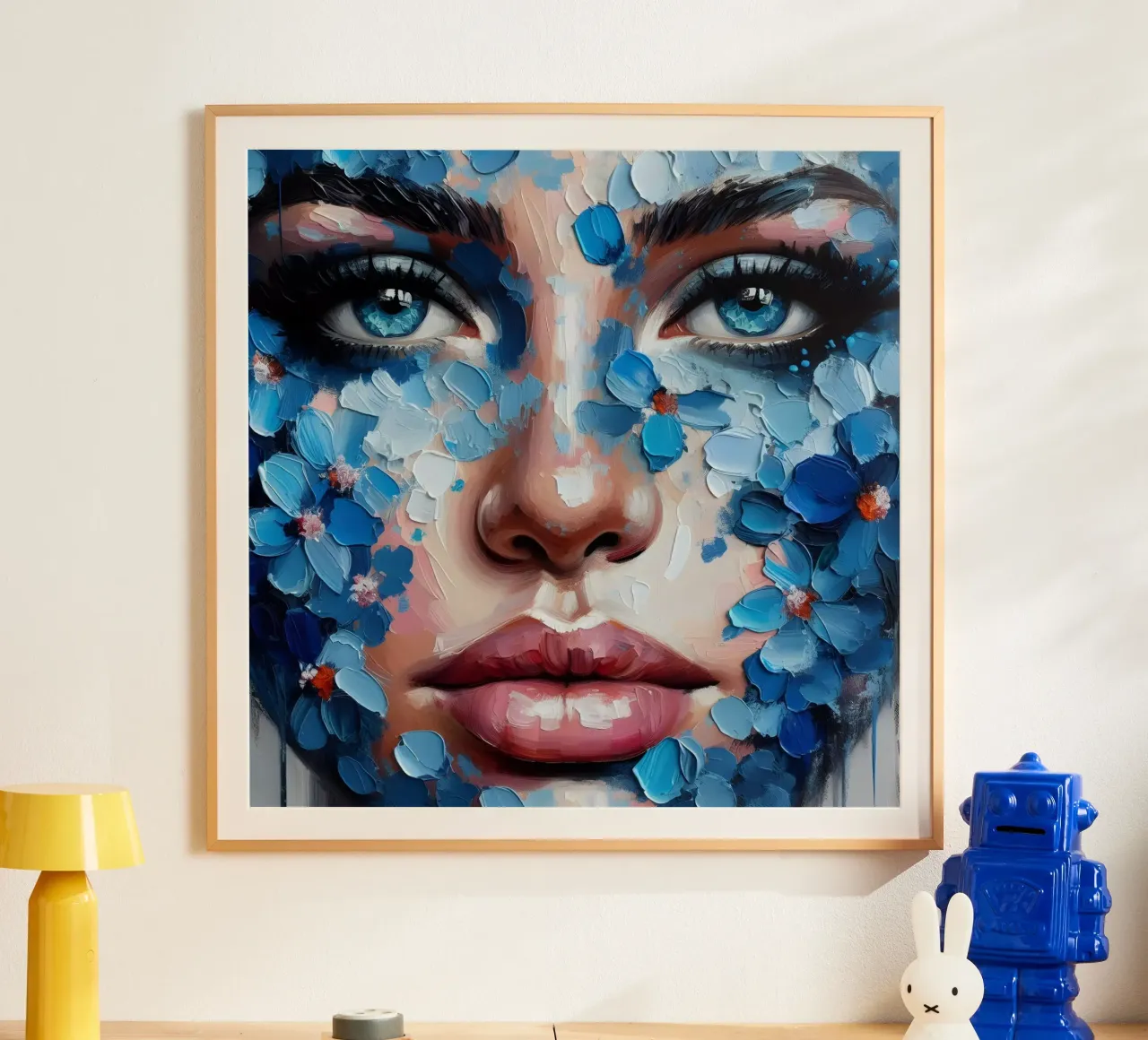 BLAUE BLÜTENBLÄTTER PORTRÄTMALEREI Poster mit Kunststoffrahmen von ARTOMATIC