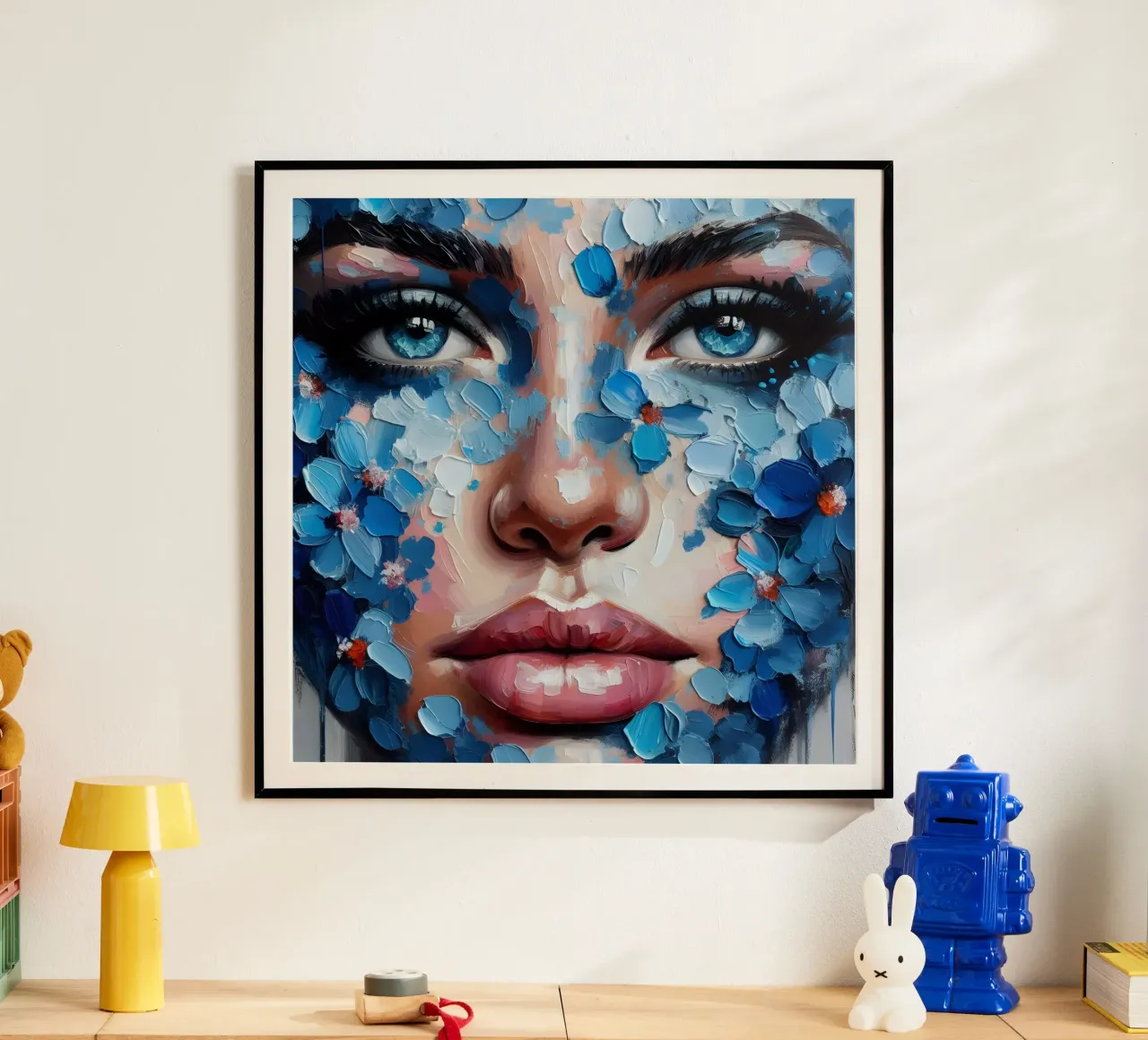 BLAUE BLÜTENBLÄTTER PORTRÄTMALEREI Poster mit Kunststoffrahmen von ARTOMATIC