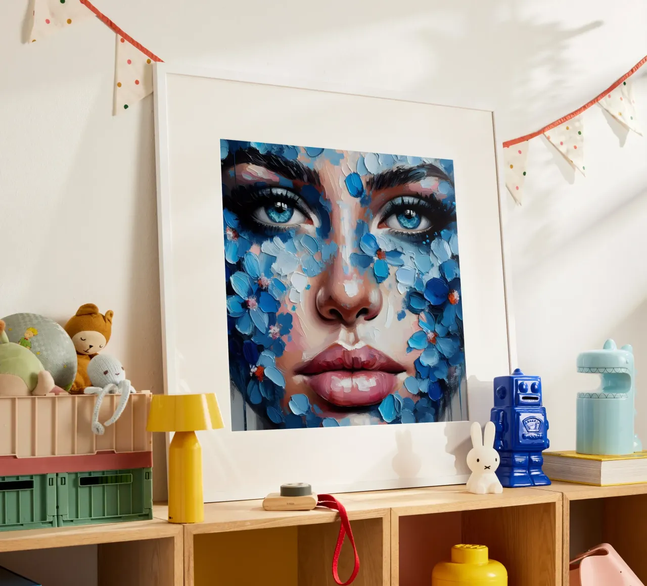 BLAUE BLÜTENBLÄTTER PORTRÄTMALEREI Poster mit Kunststoffrahmen von ARTOMATIC