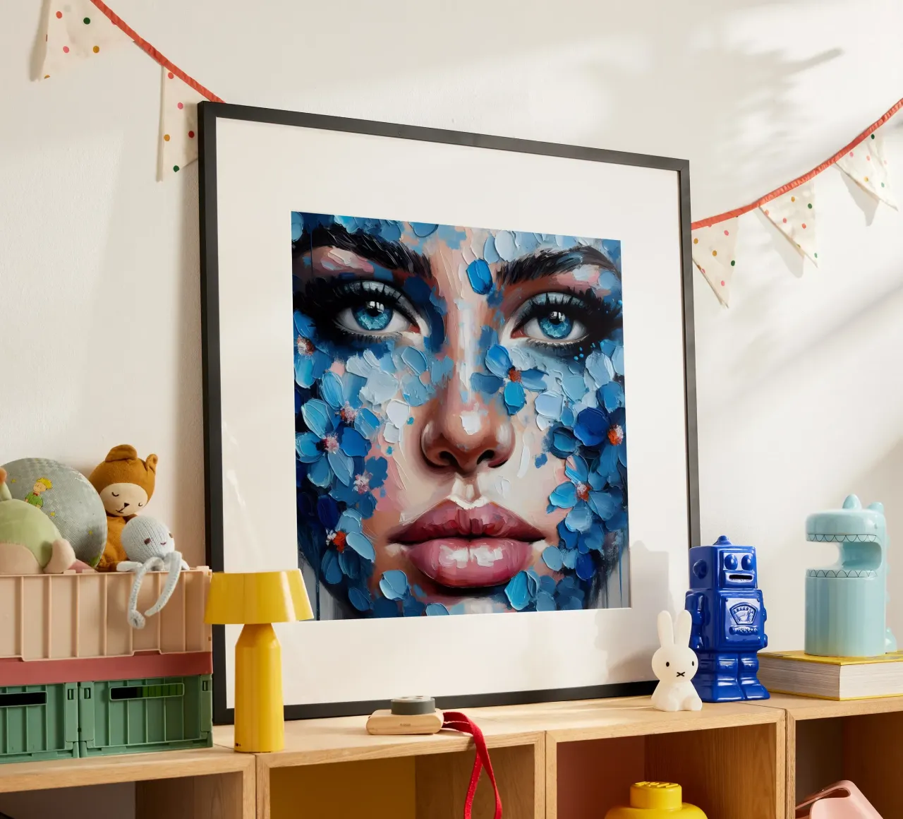 BLAUE BLÜTENBLÄTTER PORTRÄTMALEREI Poster mit Kunststoffrahmen von ARTOMATIC