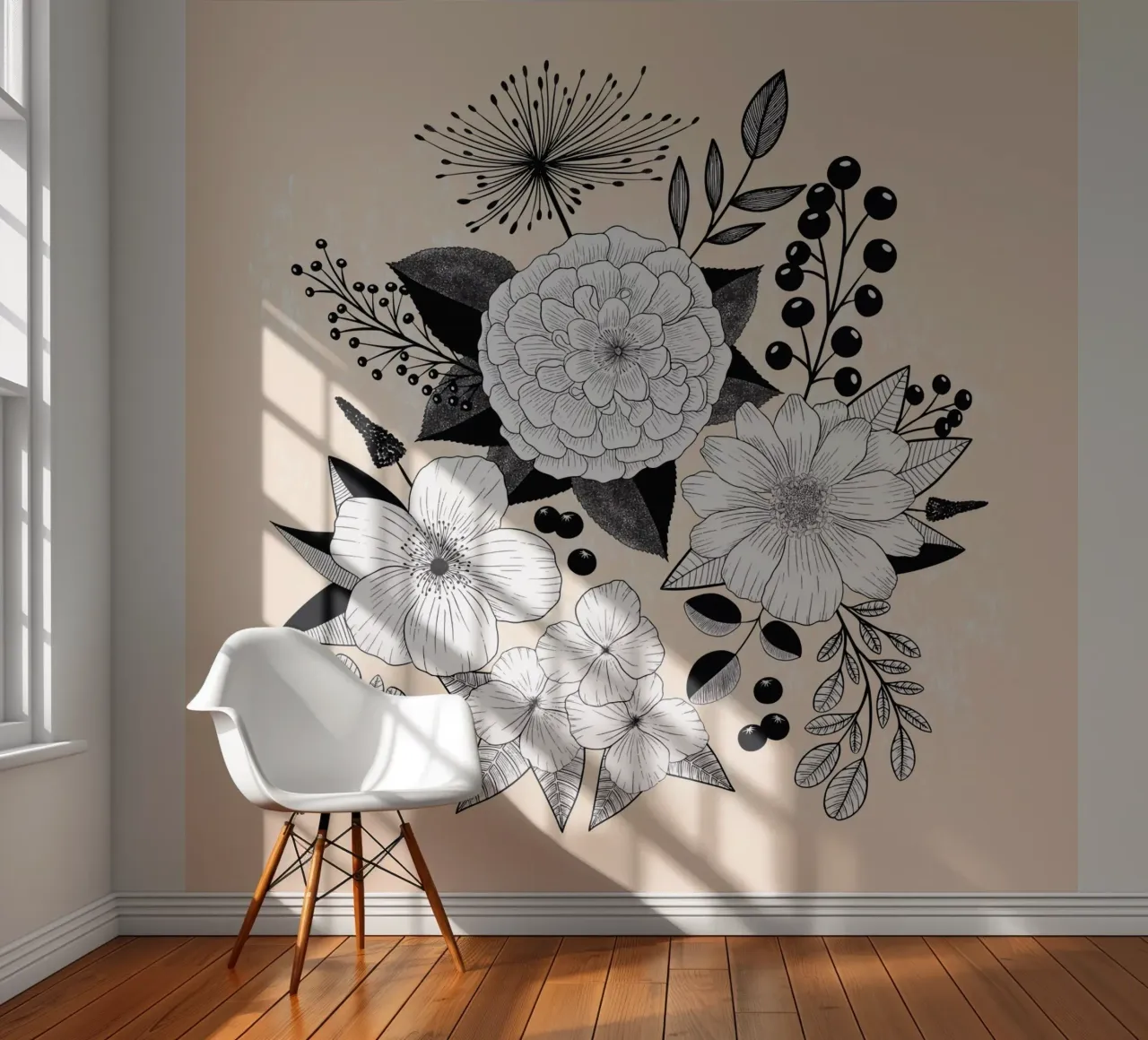 Line art flowers. Black and white. Textured background. photo wallpaper by CalliLetters