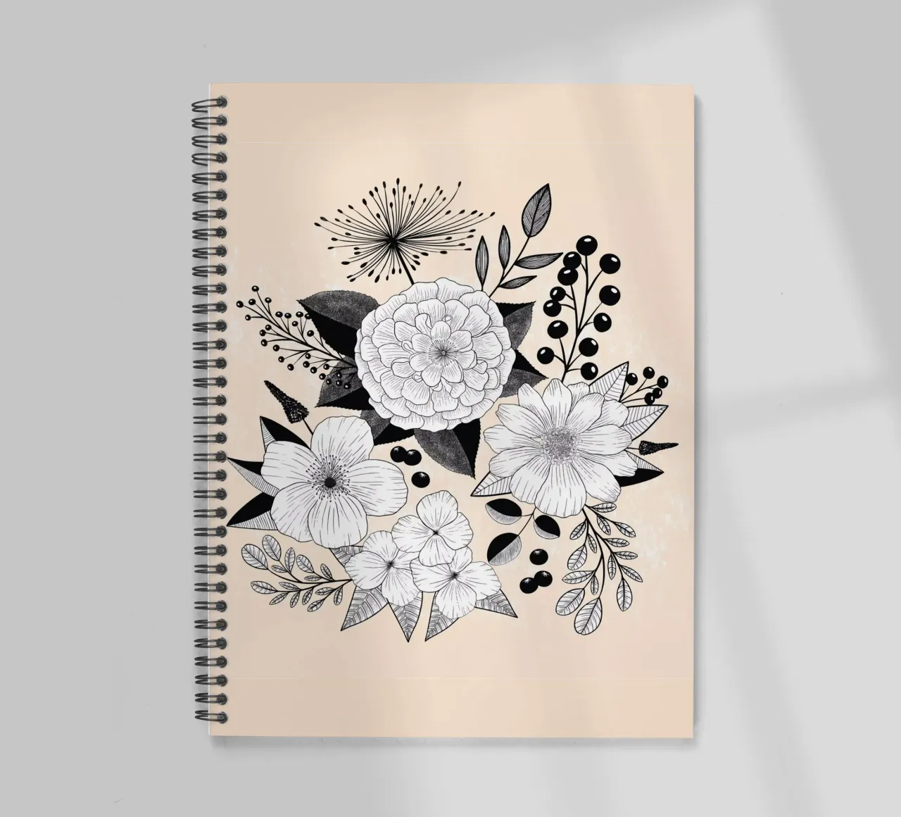 Line Art fleurs. Noir et blanc. Fond texturé. carnet à spirale de CalliLetters