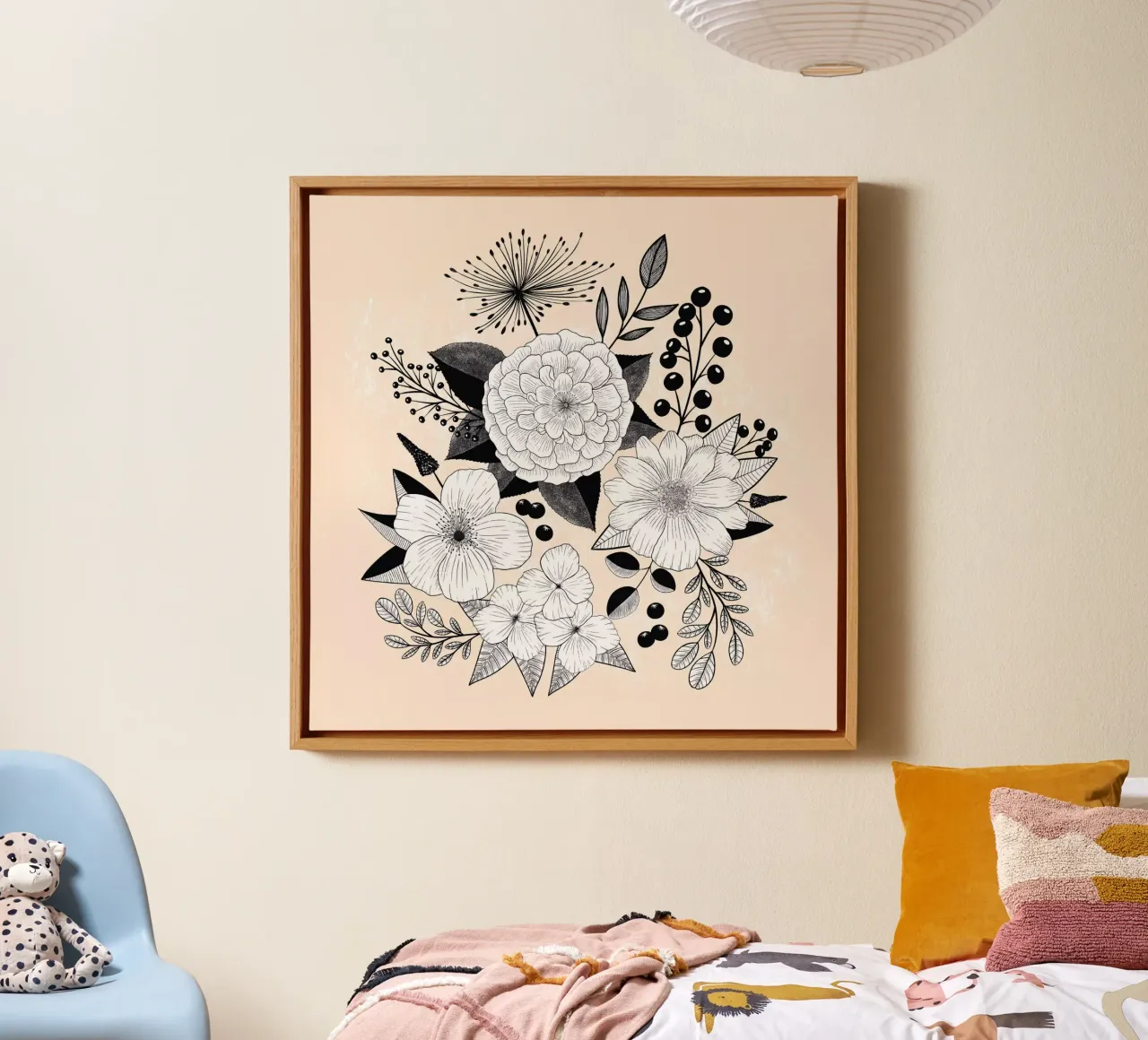Lijntekening bloemen. Zwart en wit. Achtergrond met structuur. canvas van CalliLetters