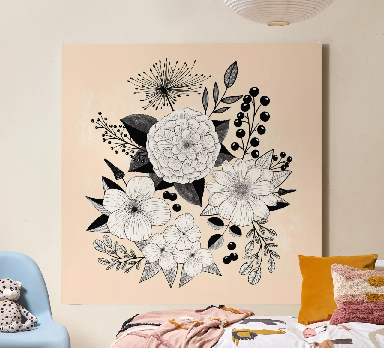 Lijntekening bloemen. Zwart en wit. Achtergrond met structuur. canvas van CalliLetters