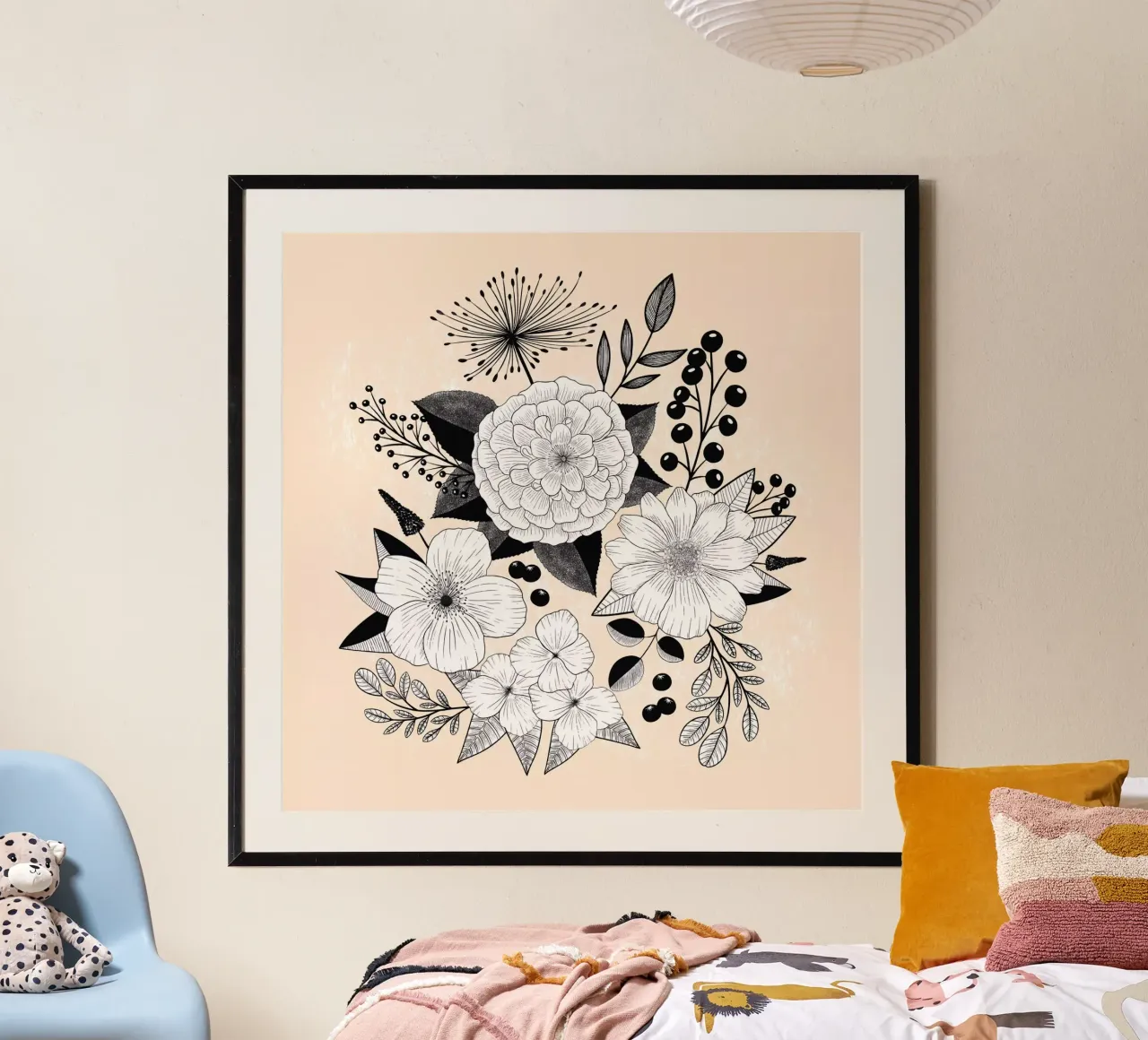 Line Art fleurs. Noir et blanc. Fond texturé. poster de CalliLetters