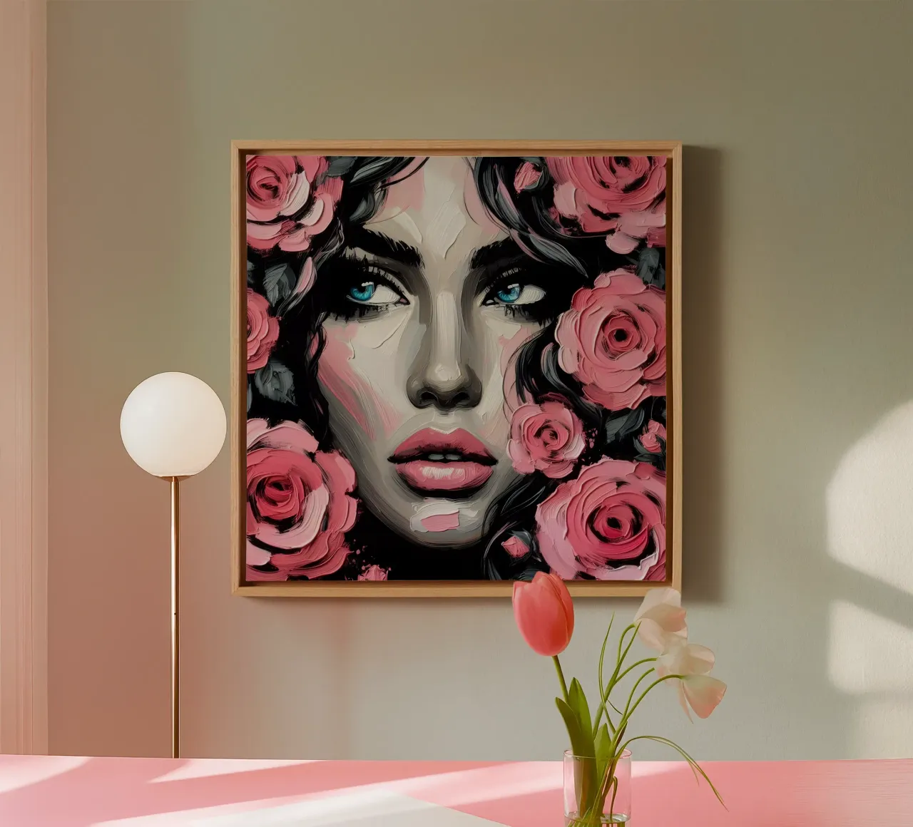 BLÜTE IN ROSA PORTRÄT Leinwand mit Schattenfugenrahmen von ARTOMATIC