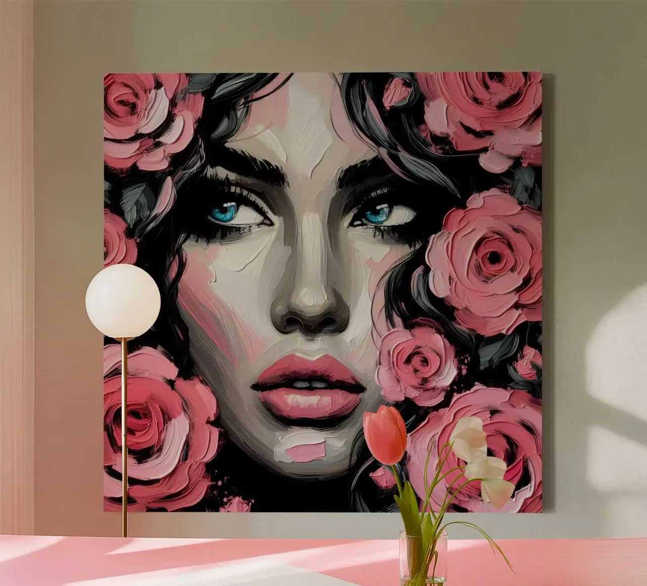 BLÜTE IN ROSA PORTRÄT Leinwand mit Schattenfugenrahmen von ARTOMATIC