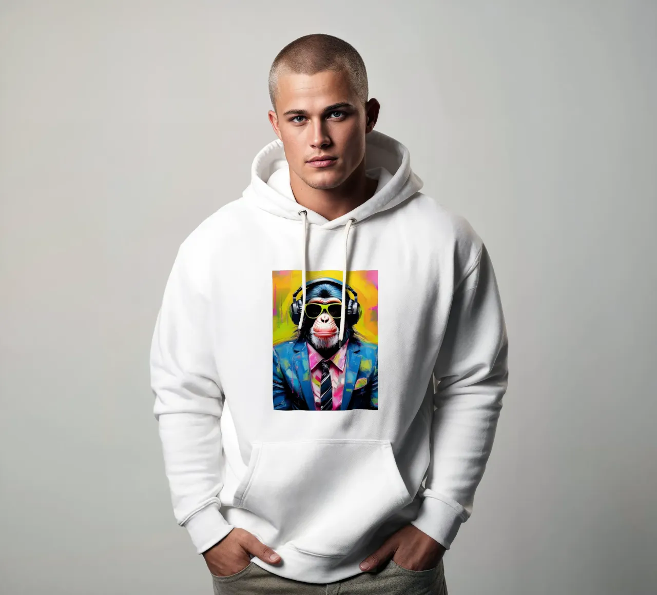 Ritratto pop art di scimpanzé colorato con cuffia felpa con cappuccio da Take Your Art BV