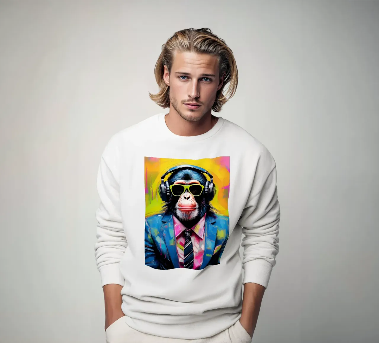 Ritratto pop art di scimpanzé colorato con cuffia felpa da Take Your Art BV