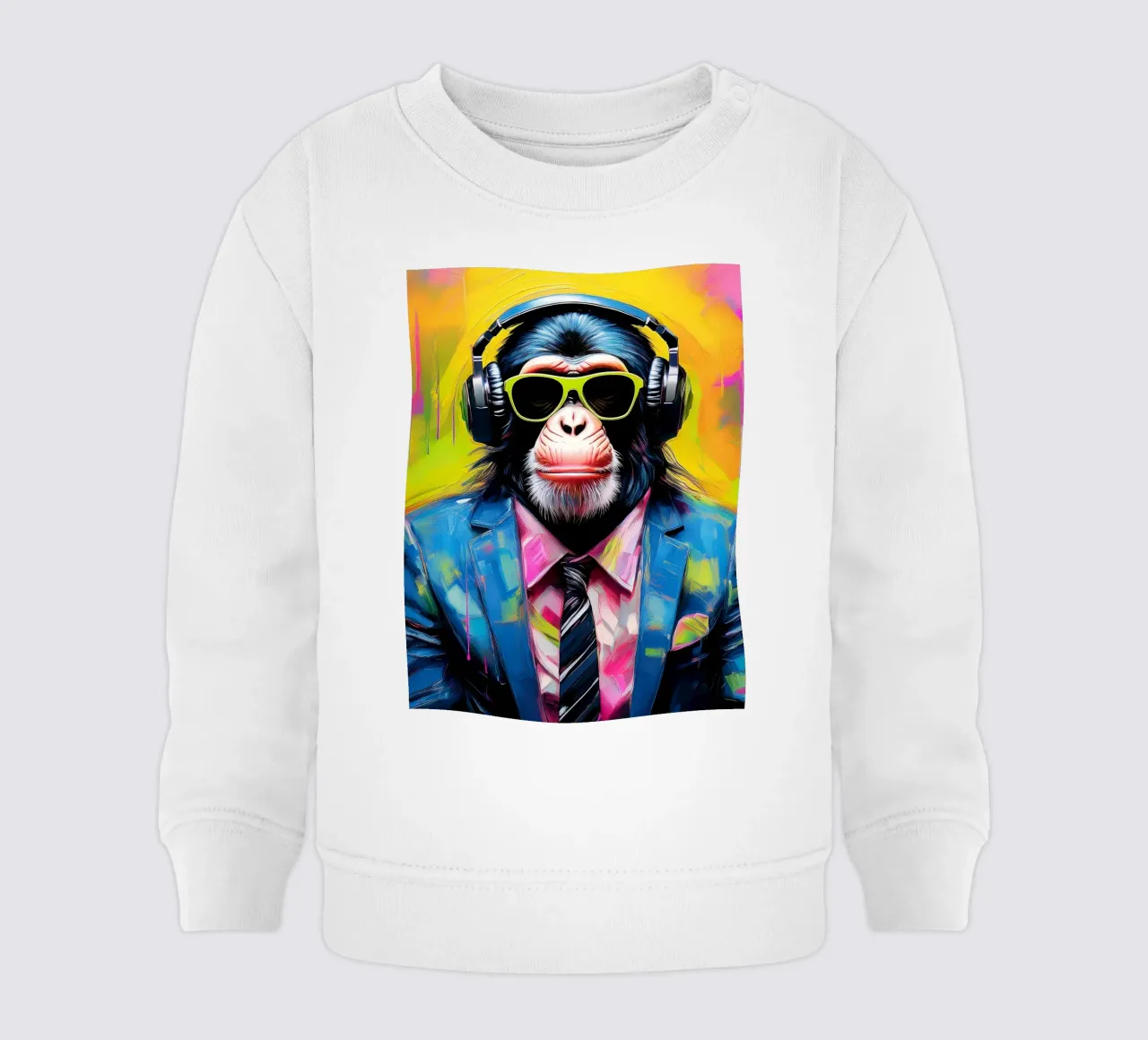 Ritratto pop art di scimpanzé colorato con cuffia felpa neonato da Take Your Art BV