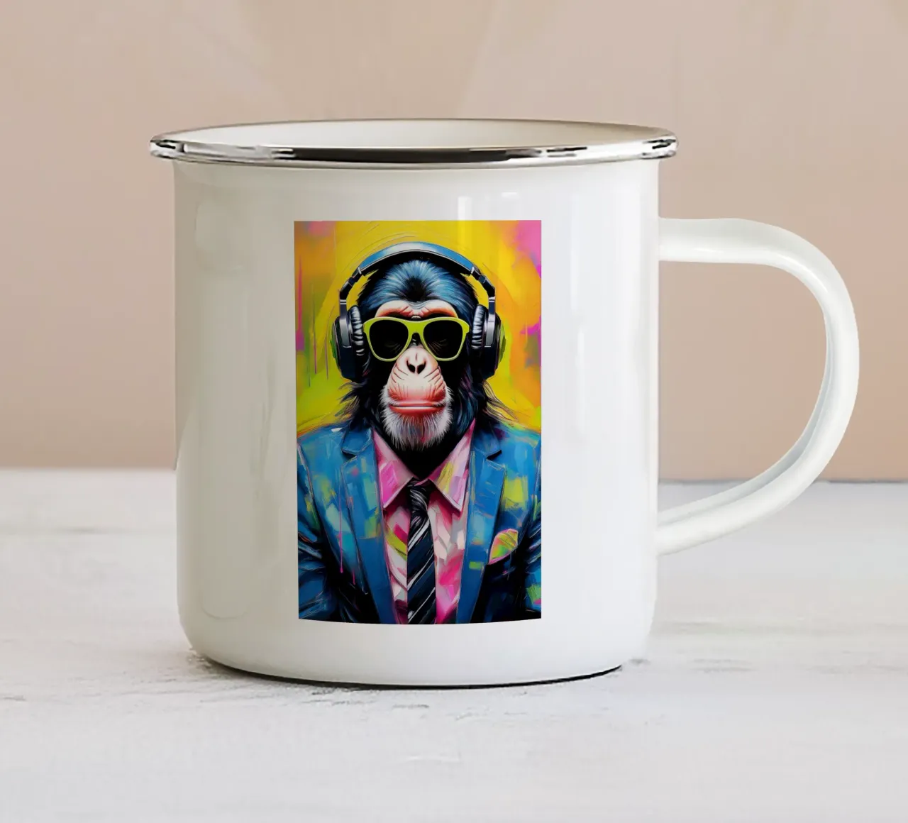 Ritratto pop art di scimpanzé colorato con cuffia tazza in smalto da Take Your Art BV