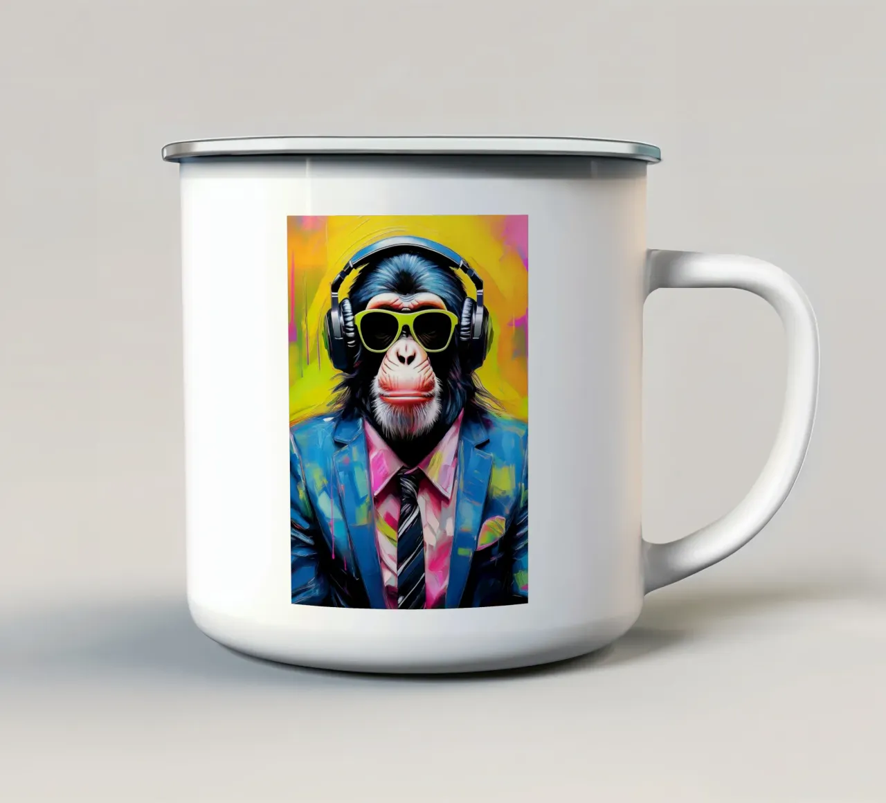Ritratto pop art di scimpanzé colorato con cuffia tazza in smalto da Take Your Art BV