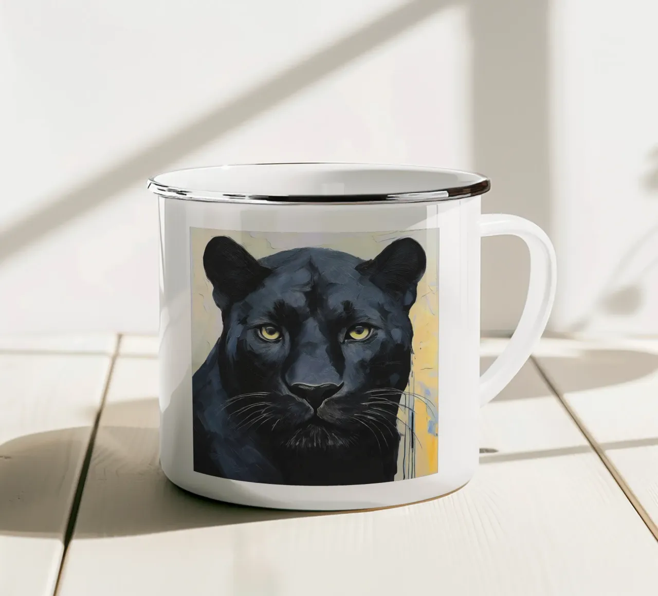 Ritratto di pantera dai colori intensi tazza in smalto da Take Your Art BV