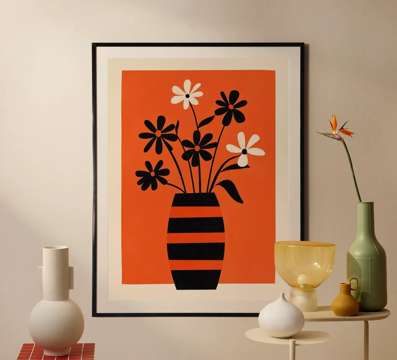 Nature morte aux fleurs rouges et aux rayures poster avec cadre en aluminium de Autofocus