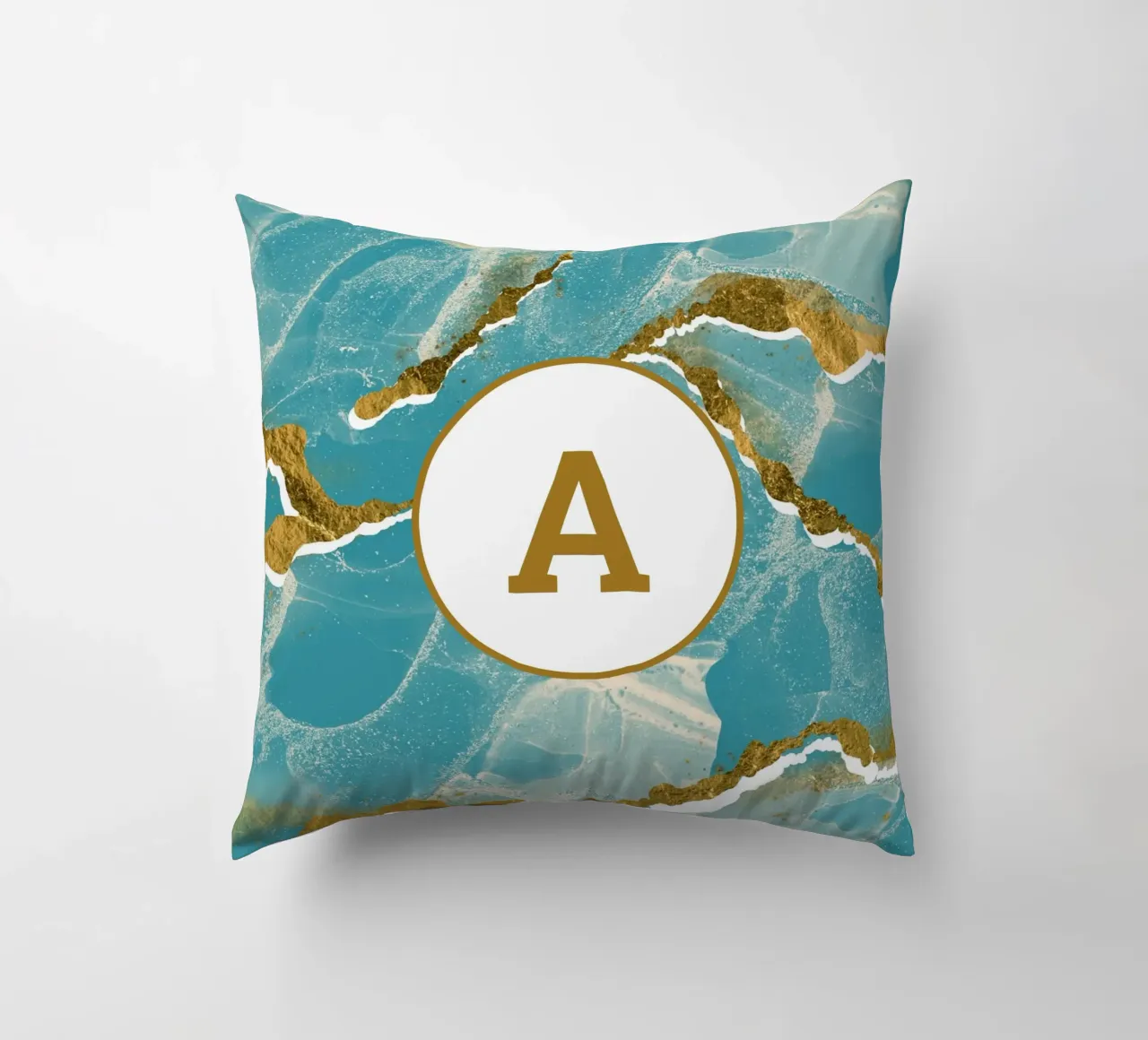 Monogramma personalizzato - Topico in marmo verde acqua e oro cuscino da Monogram Muse
