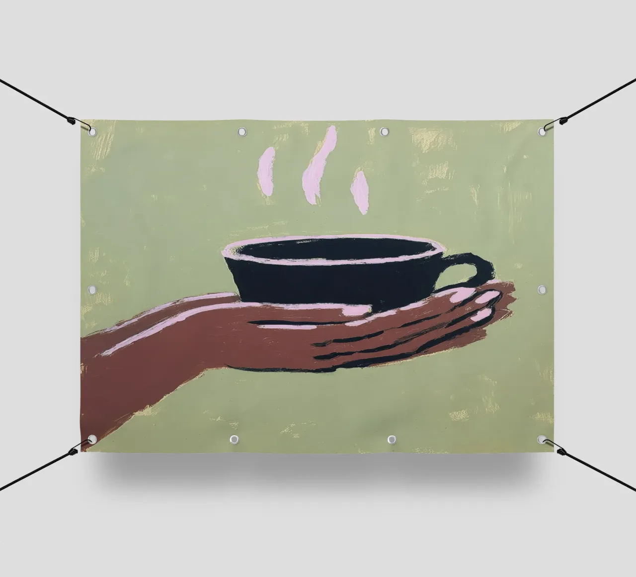 Mano con tazza di caffè su verde telo in pvc da Calm Shapes