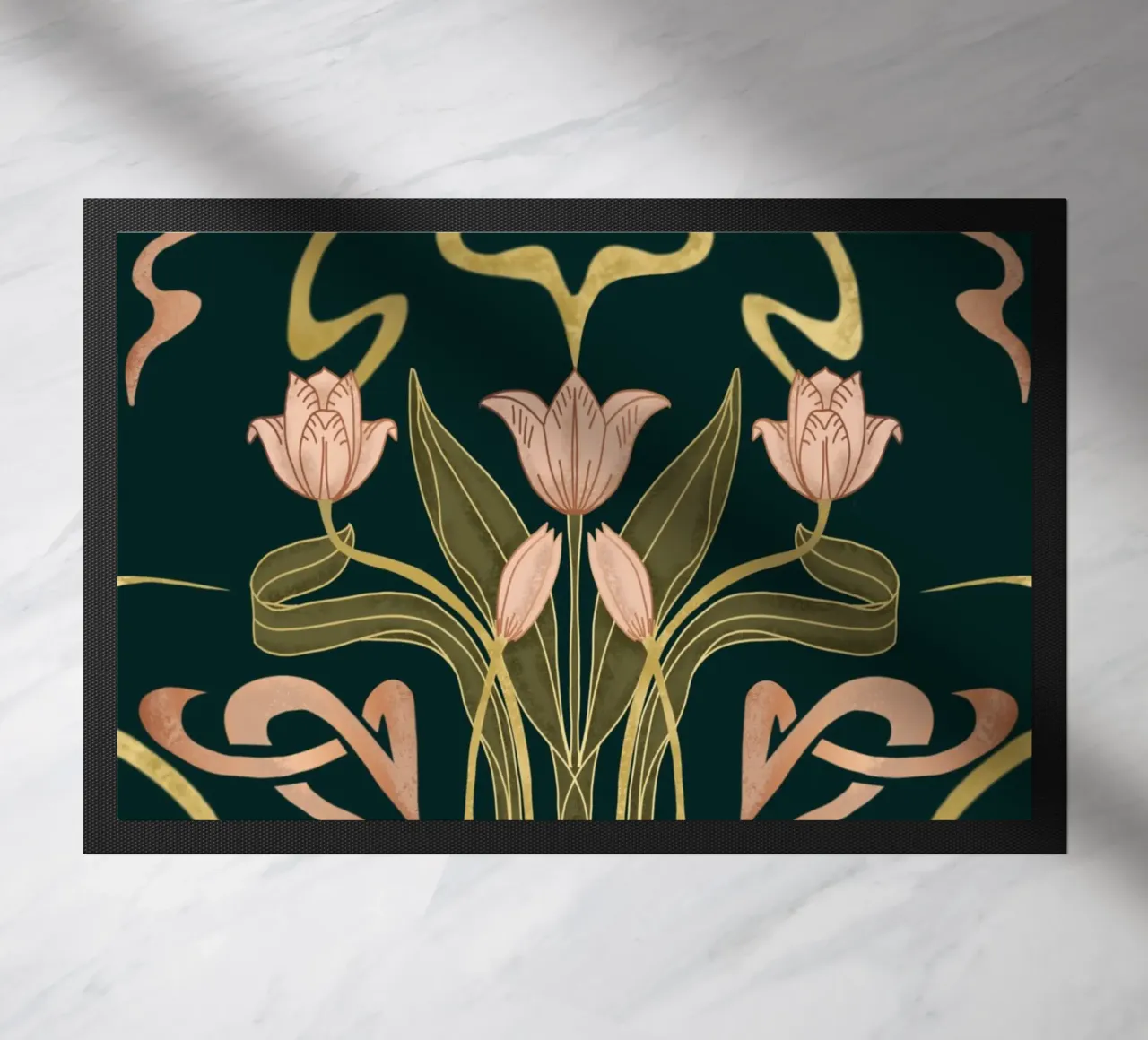 Custom Name – Deco Tulip Bloom in Deep Forest doormat by Monogram Muse