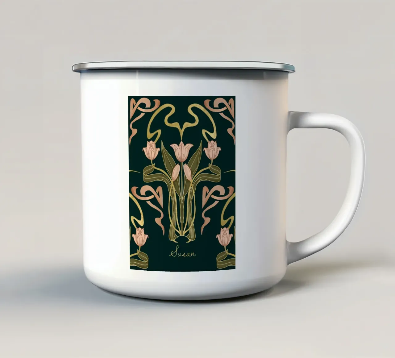 Custom Name – Deco Tulip Bloom in Deep Forest enamel mug by Monogram Muse