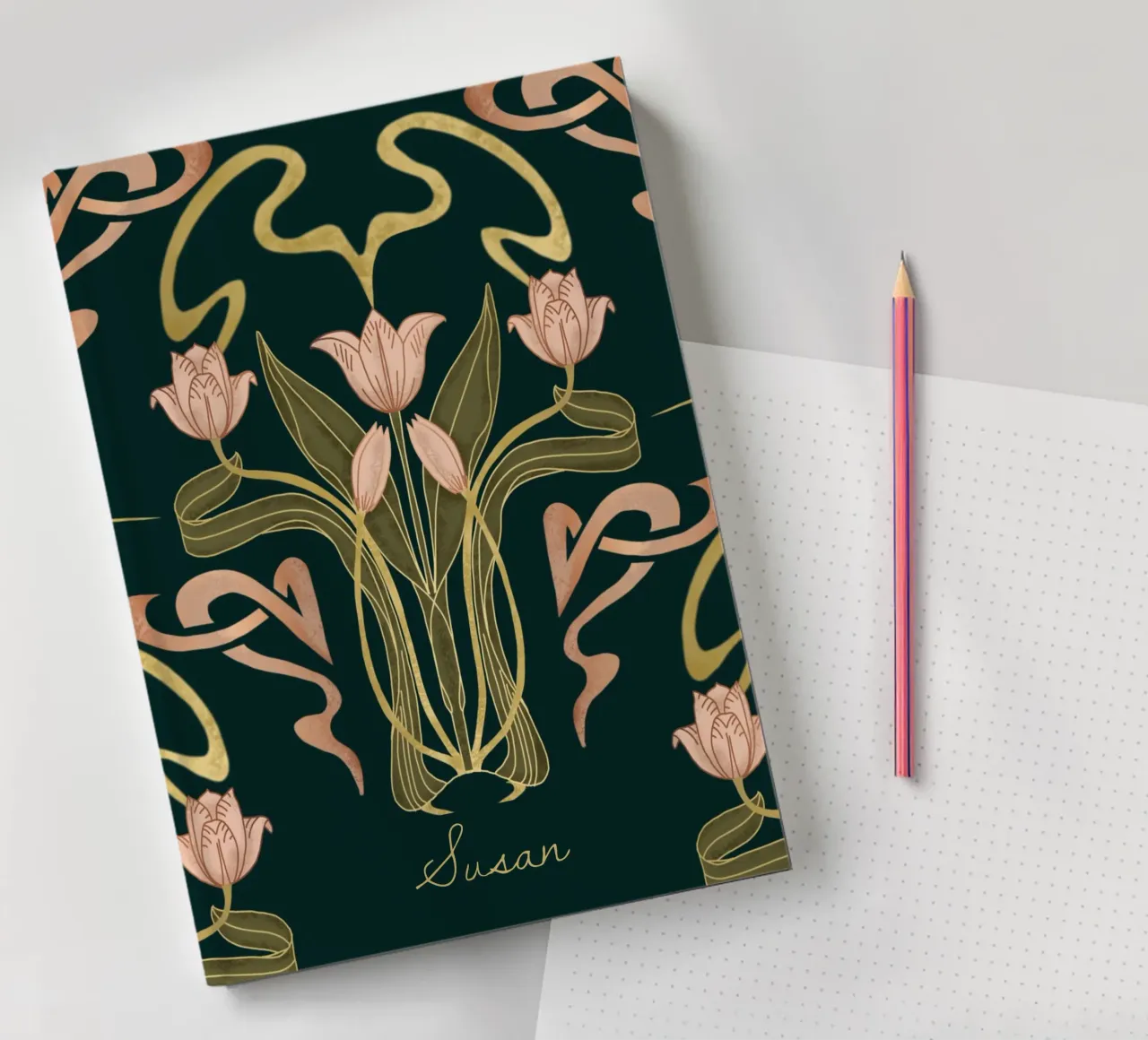 Custom Name – Deco Tulip Bloom in Deep Forest notebook by Monogram Muse