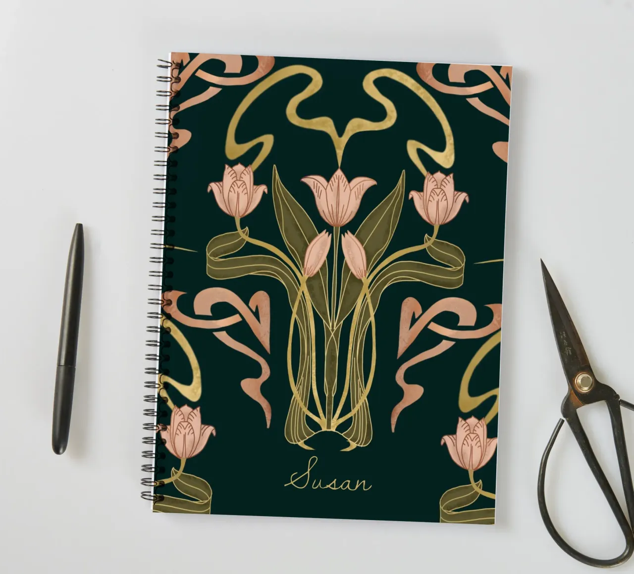 Custom Name – Deco Tulip Bloom in Deep Forest spiral notebook by Monogram Muse