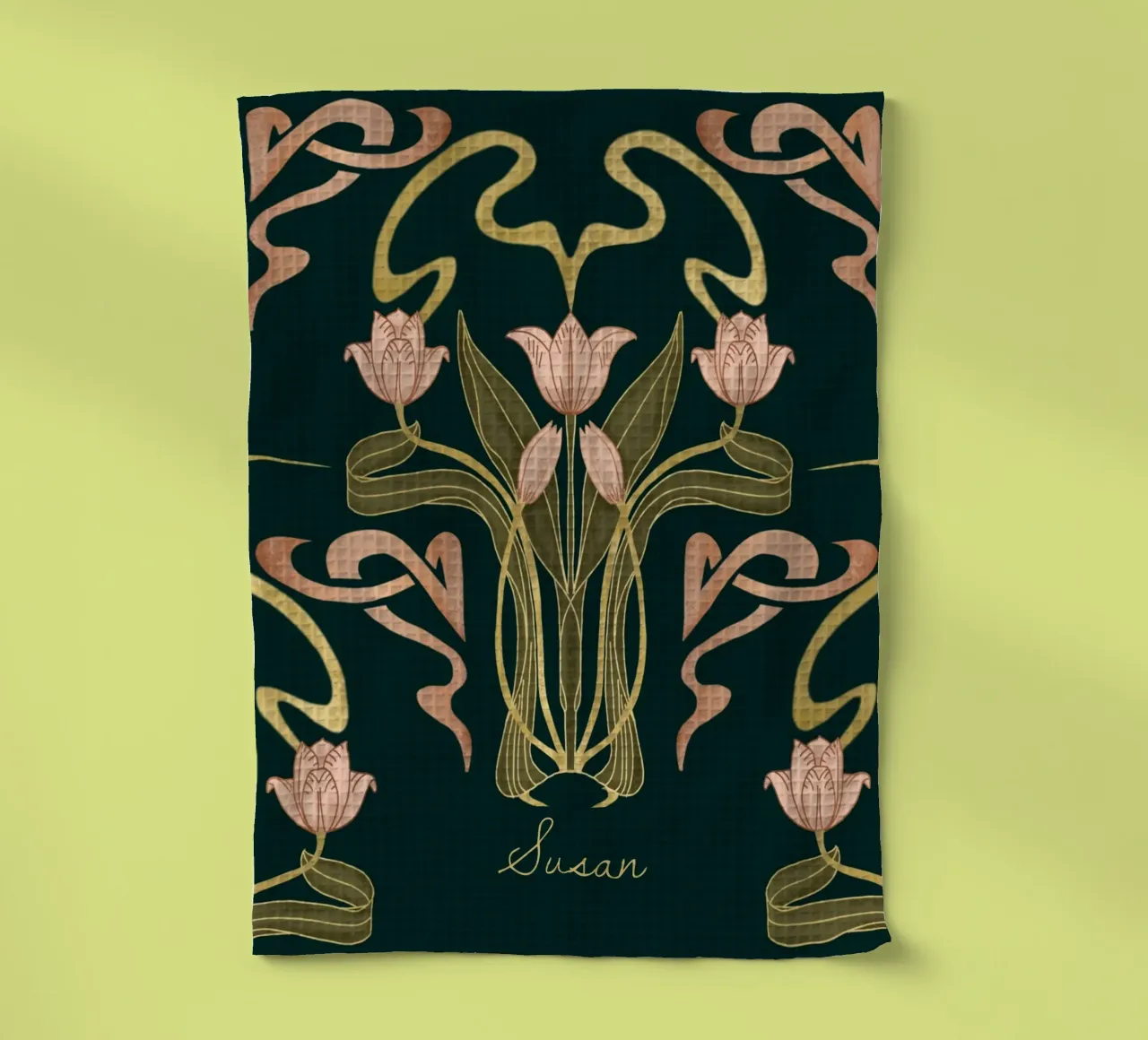 Custom Name – Deco Tulip Bloom in Deep Forest tea towel by Monogram Muse