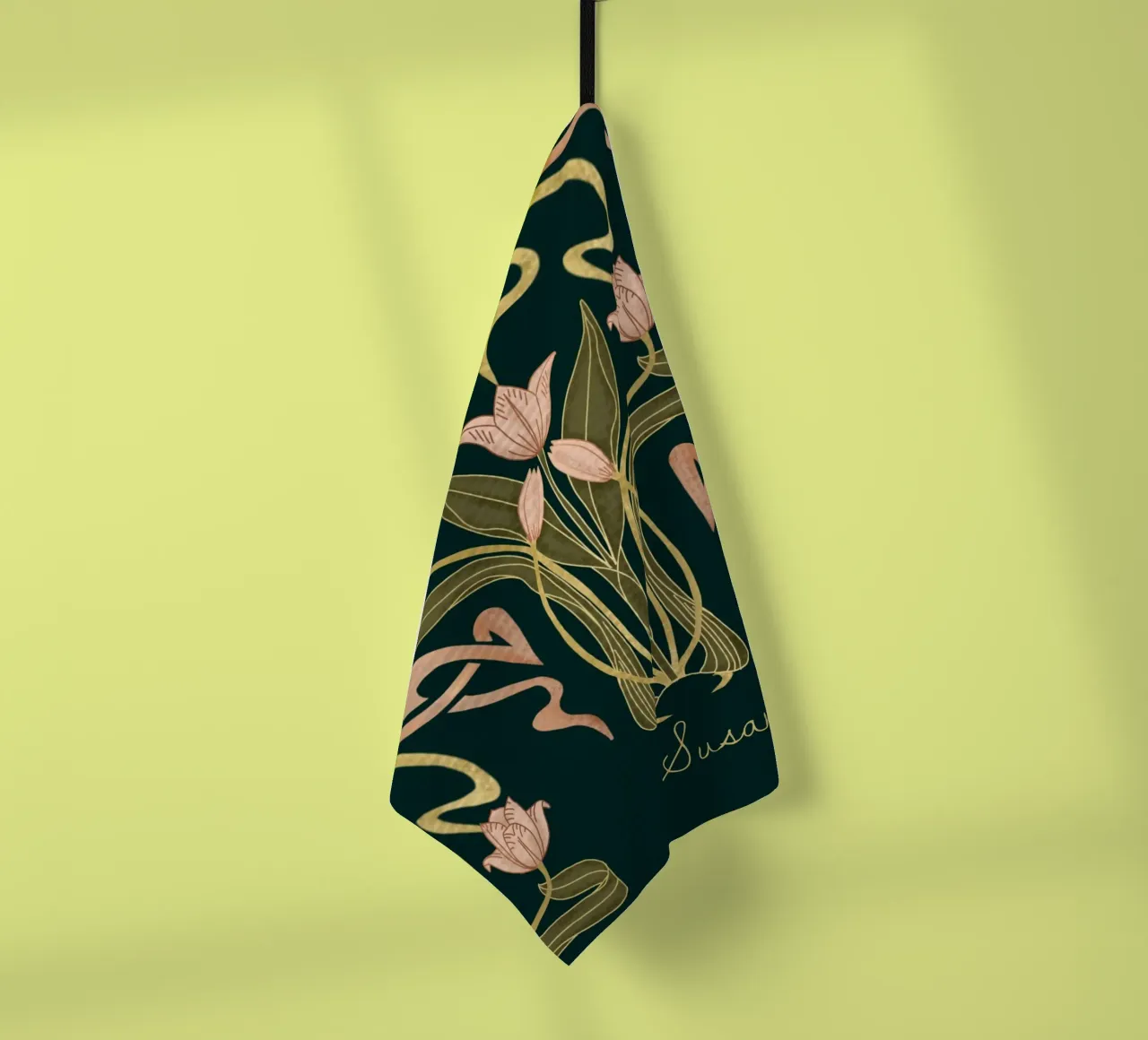 Custom Name – Deco Tulip Bloom in Deep Forest tea towel by Monogram Muse