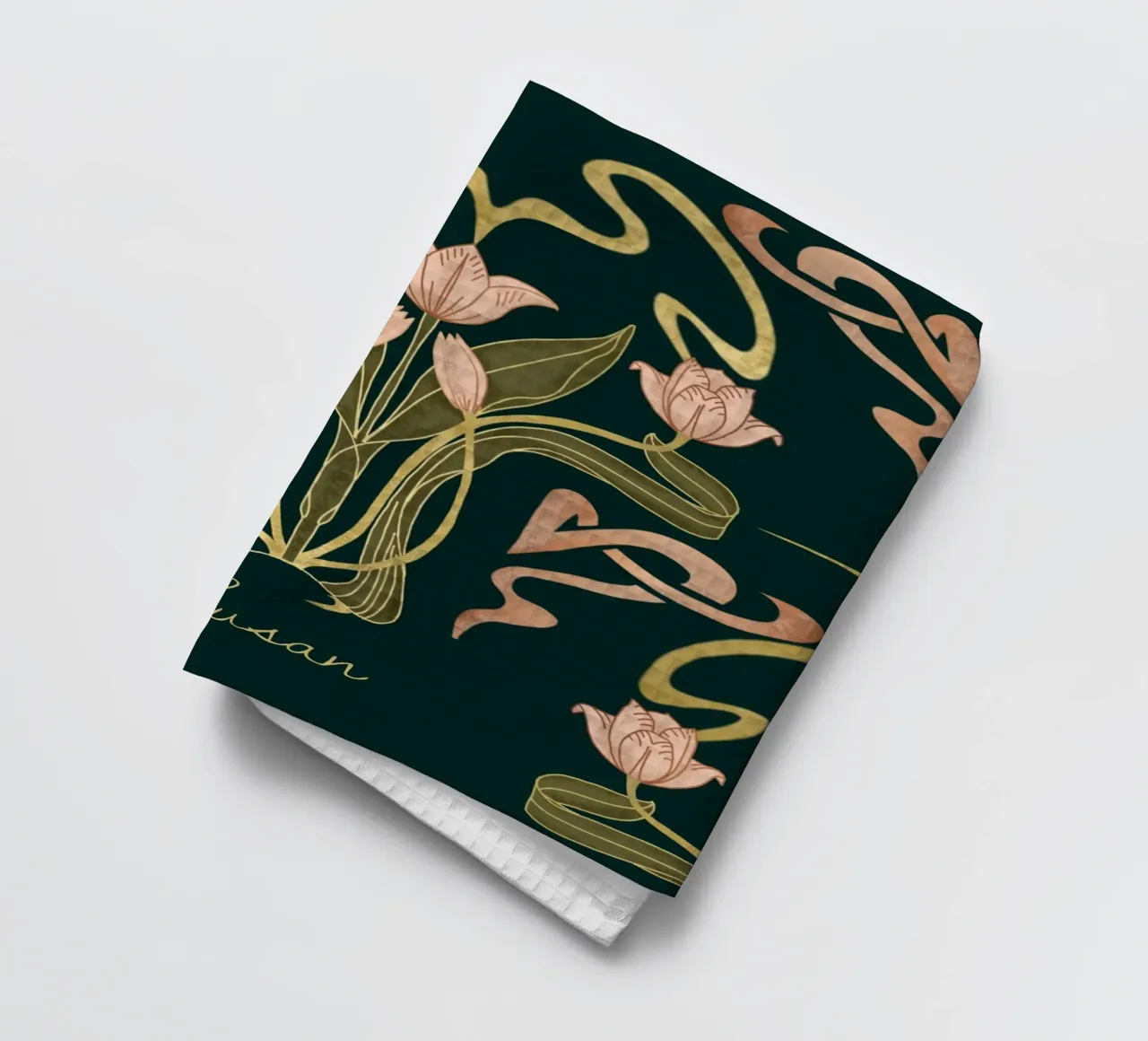 Custom Name – Deco Tulip Bloom in Deep Forest tea towel by Monogram Muse