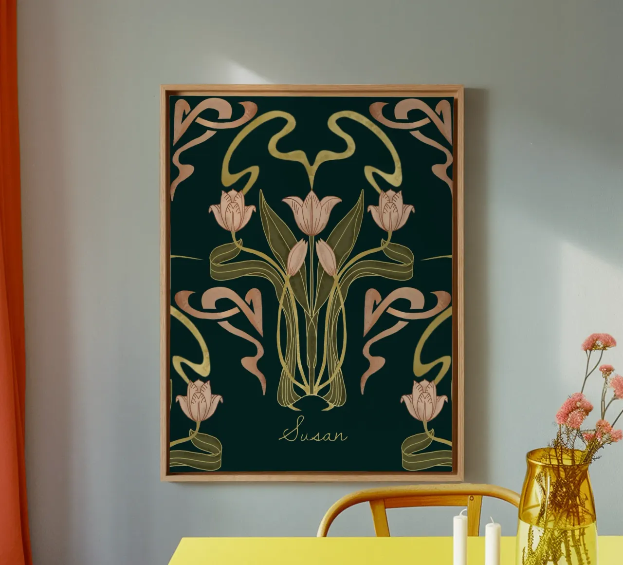 Custom Name – Deco Tulip Bloom in Deep Forest canvas by Monogram Muse