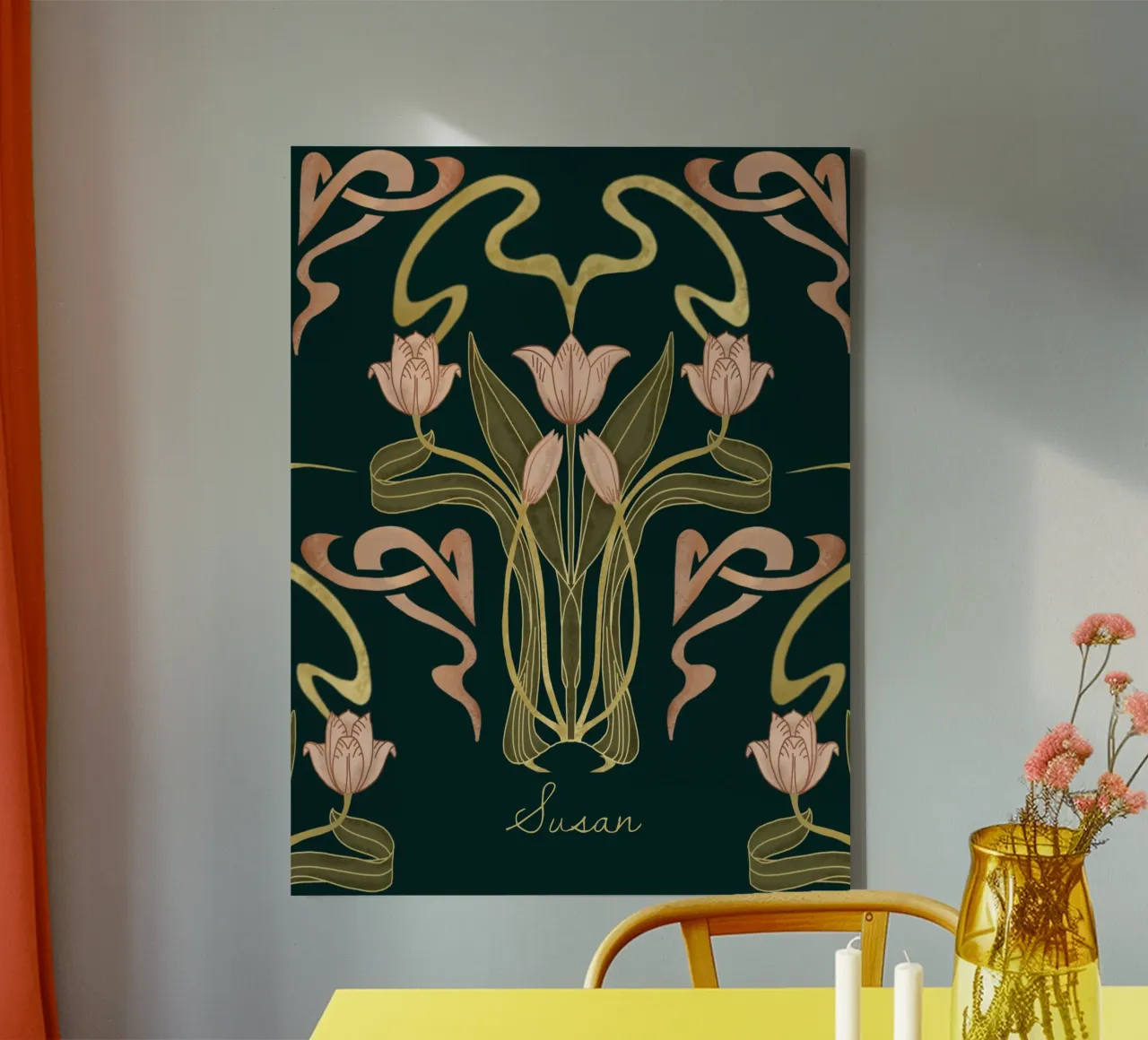 Custom Name – Deco Tulip Bloom in Deep Forest canvas by Monogram Muse