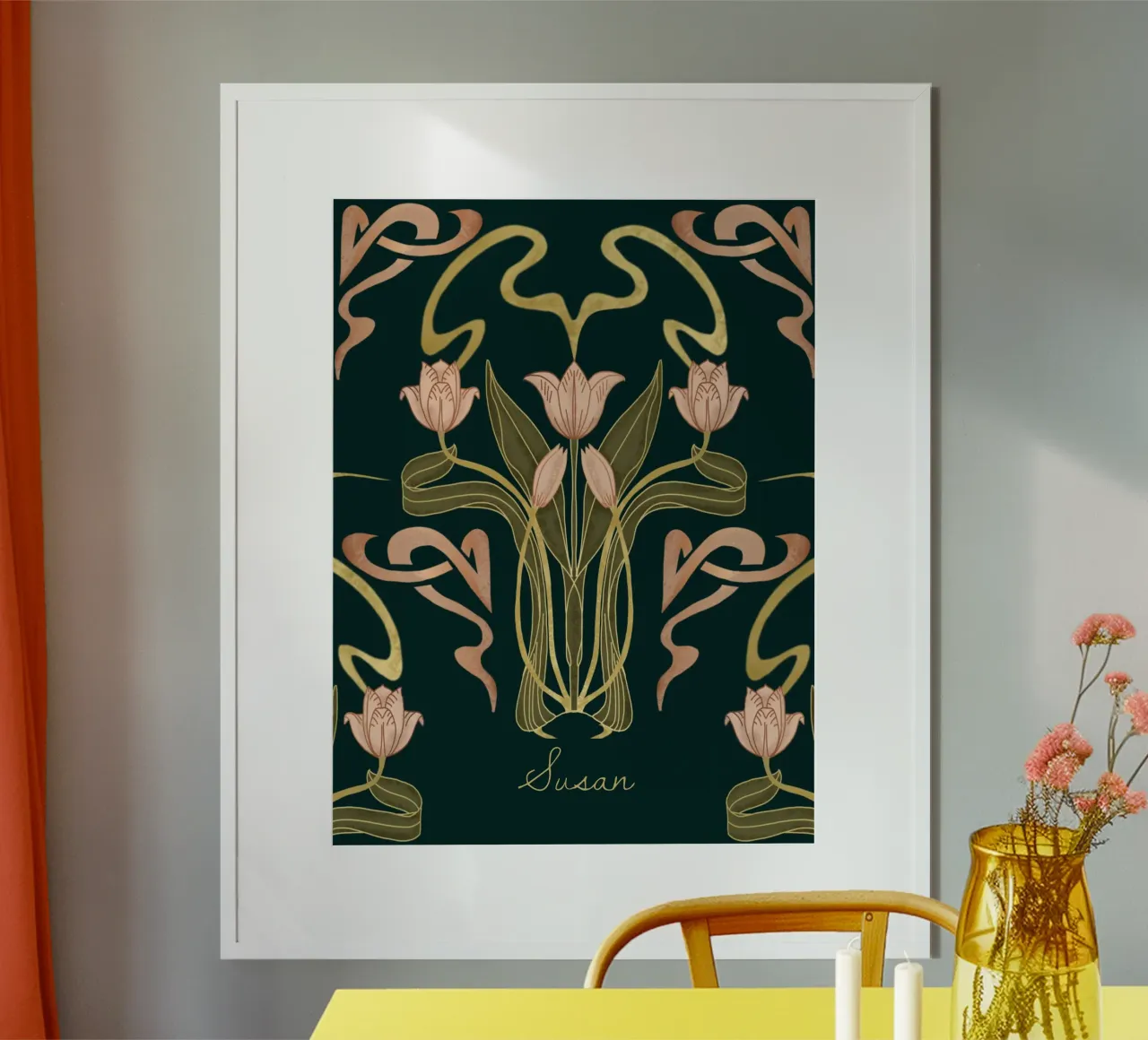 Custom Name – Deco Tulip Bloom in Deep Forest hahnemühle by Monogram Muse