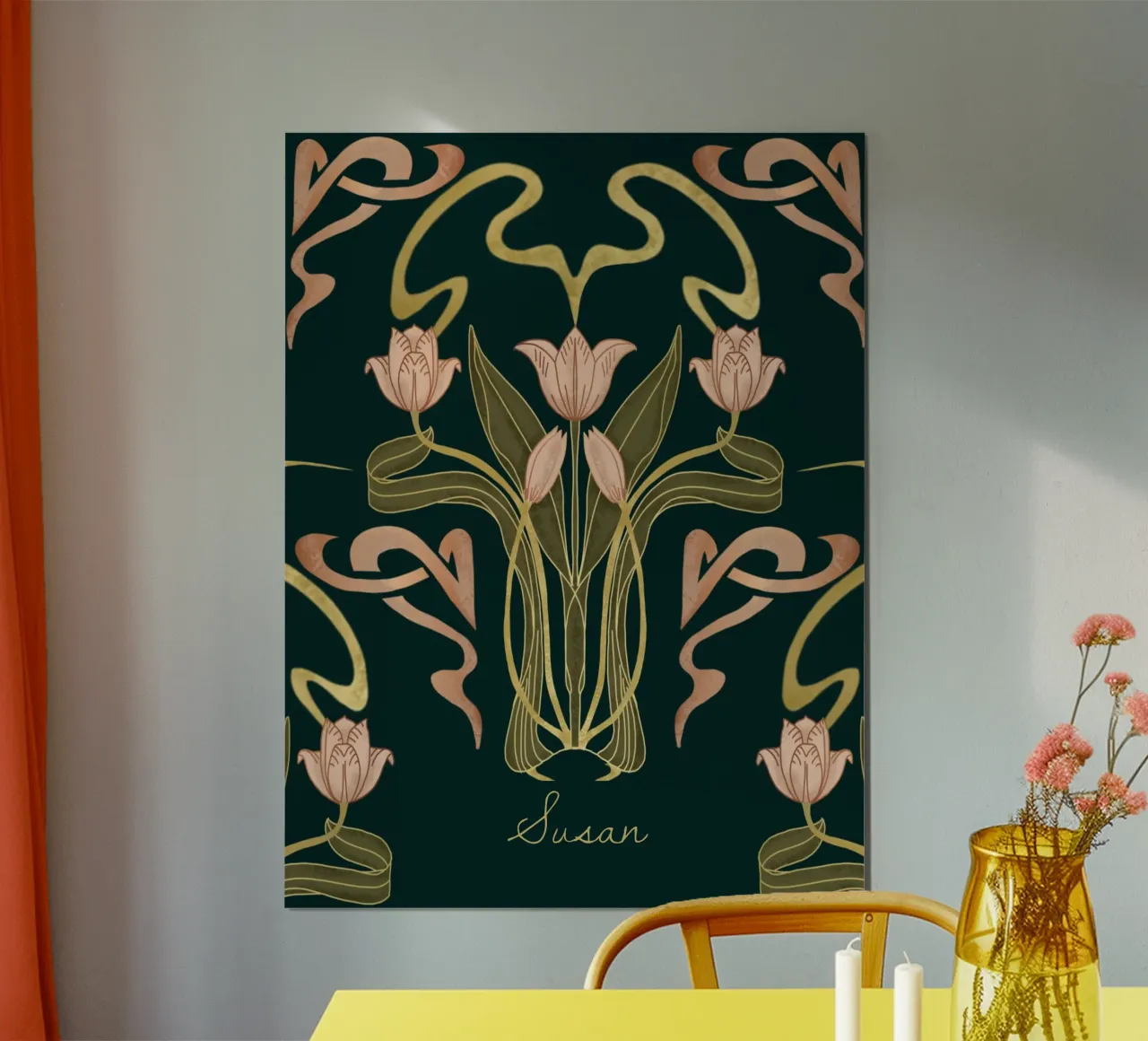 Custom Name – Deco Tulip Bloom in Deep Forest hahnemühle by Monogram Muse