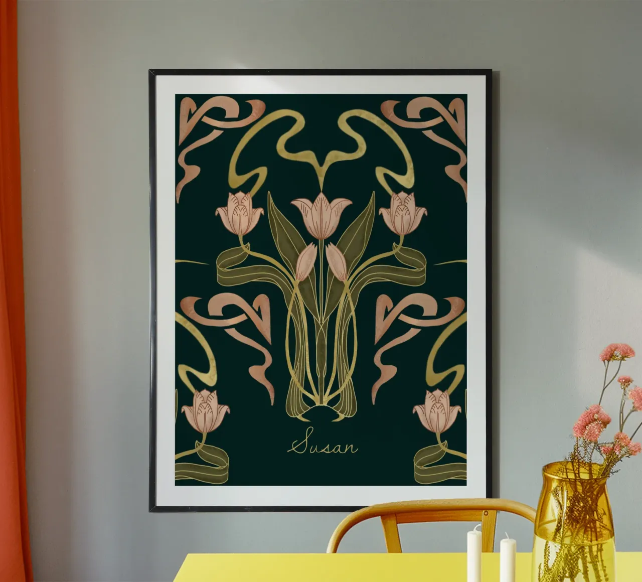 Custom Name – Deco Tulip Bloom in Deep Forest hahnemühle by Monogram Muse