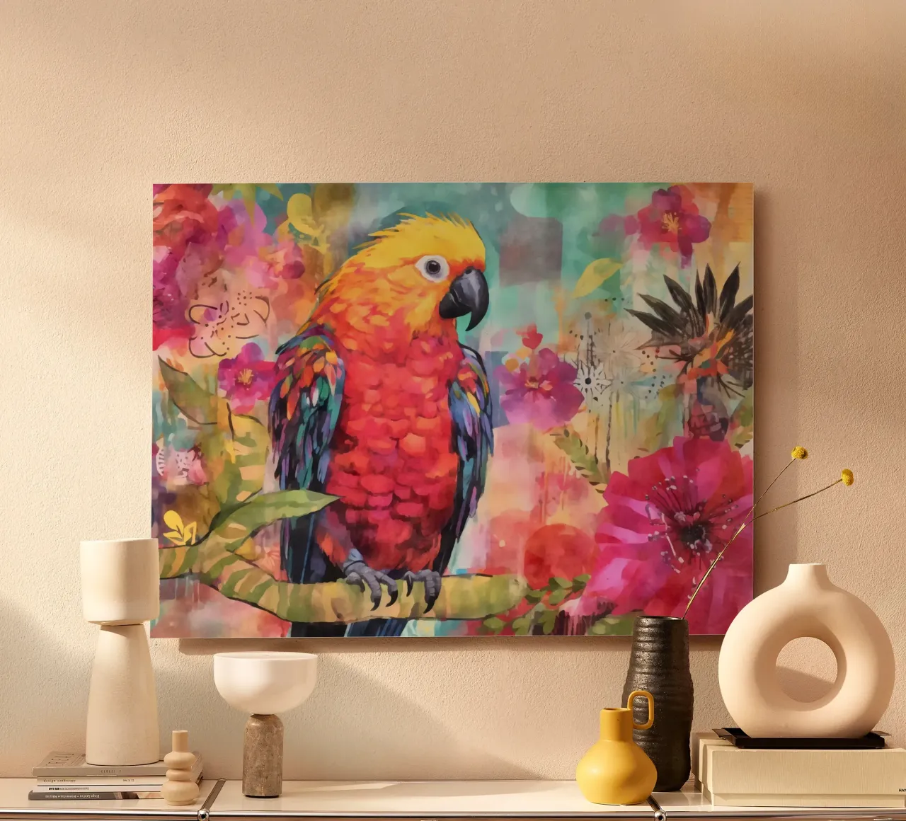 Pappagallo Giungla di fiori tropicali alluminio dibond da Andrea Haase Modern Home