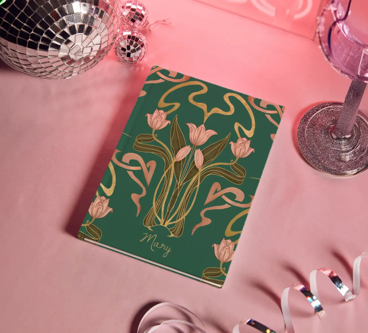 Custom Name – Deco Tulip Bloom in Forest Grove notebook by Monogram Muse