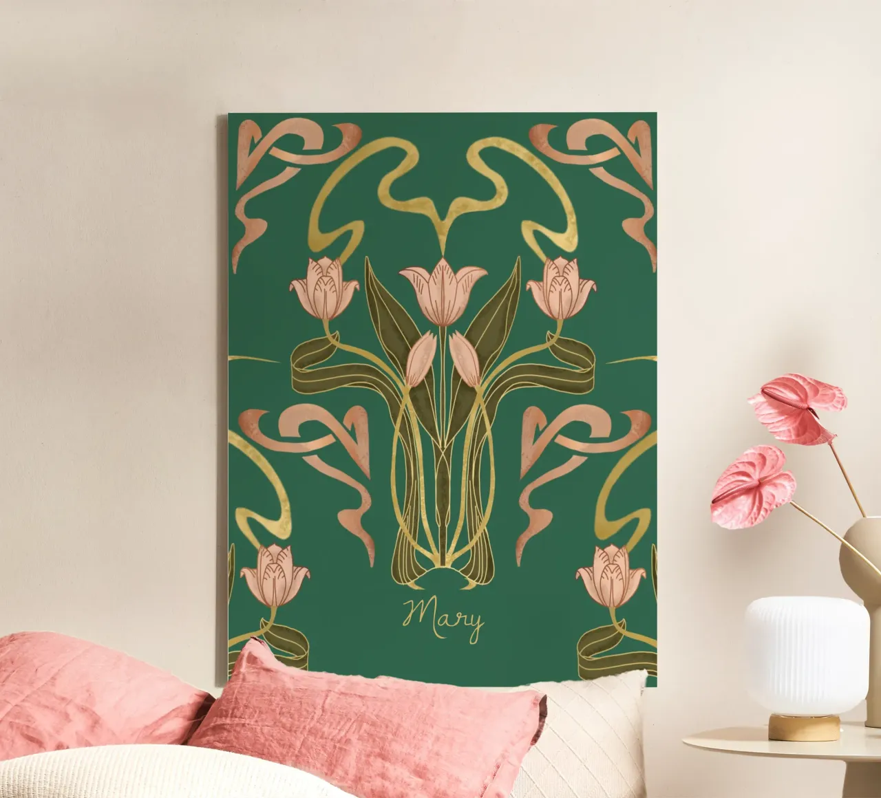 Custom Name – Deco Tulip Bloom in Forest Grove canvas by Monogram Muse