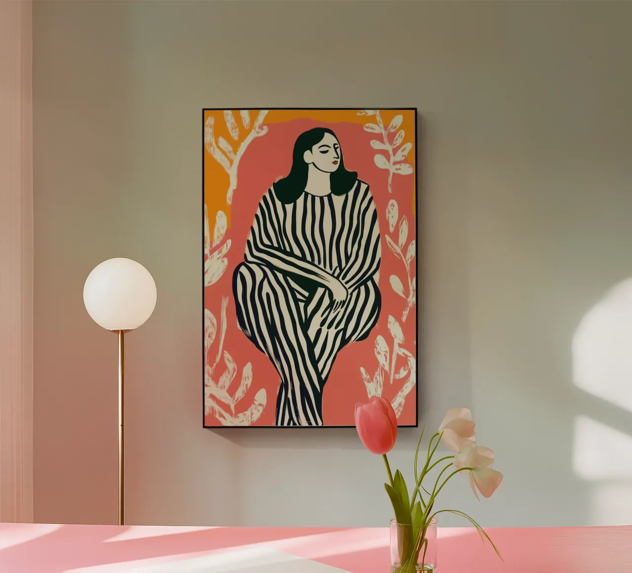 Woman in striped pyjamas on orange acrylic glass by Autofocus