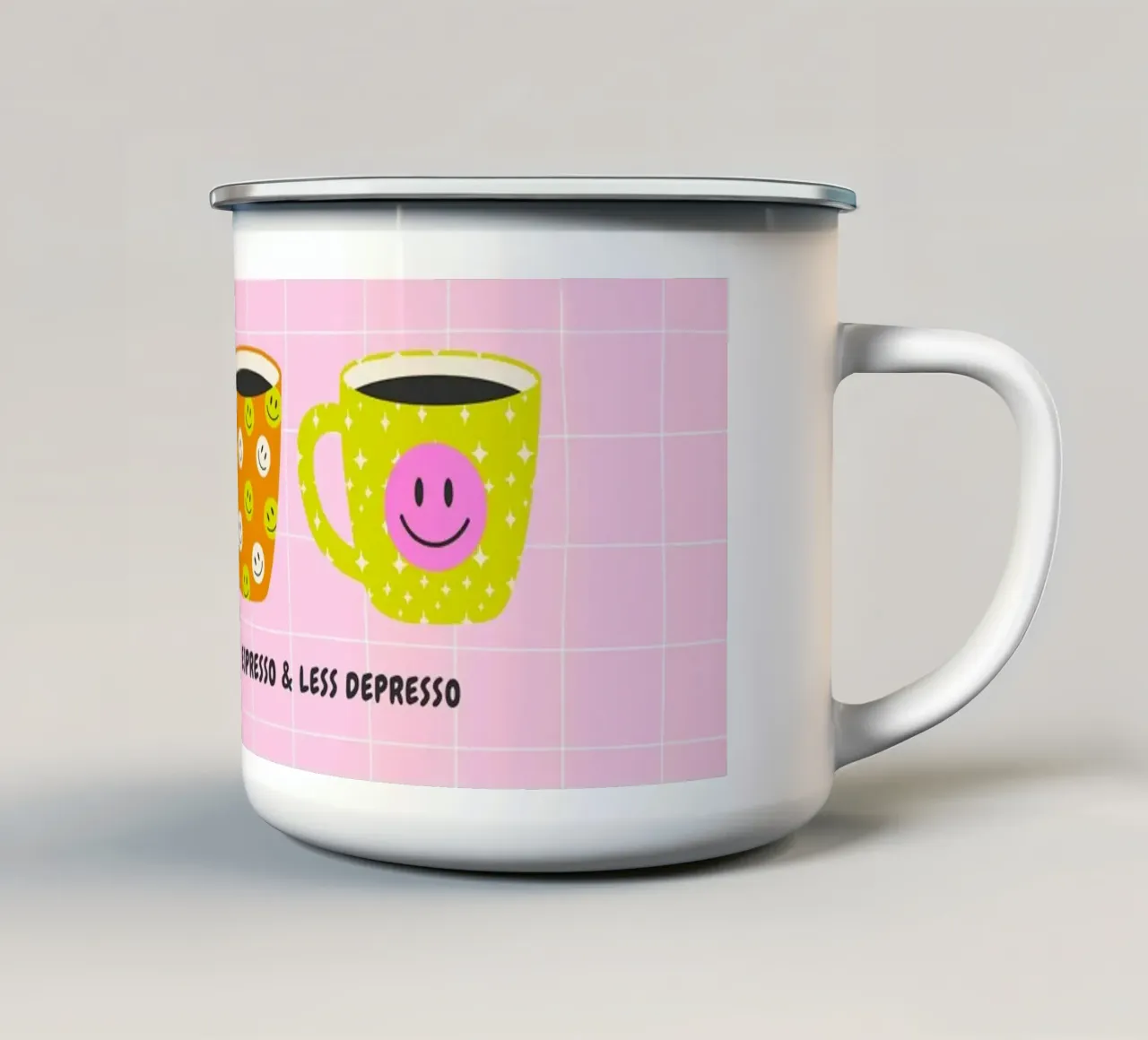 More Espresso, Less Depresso - Smiley Mugs tazza in smalto da Roseberry Design