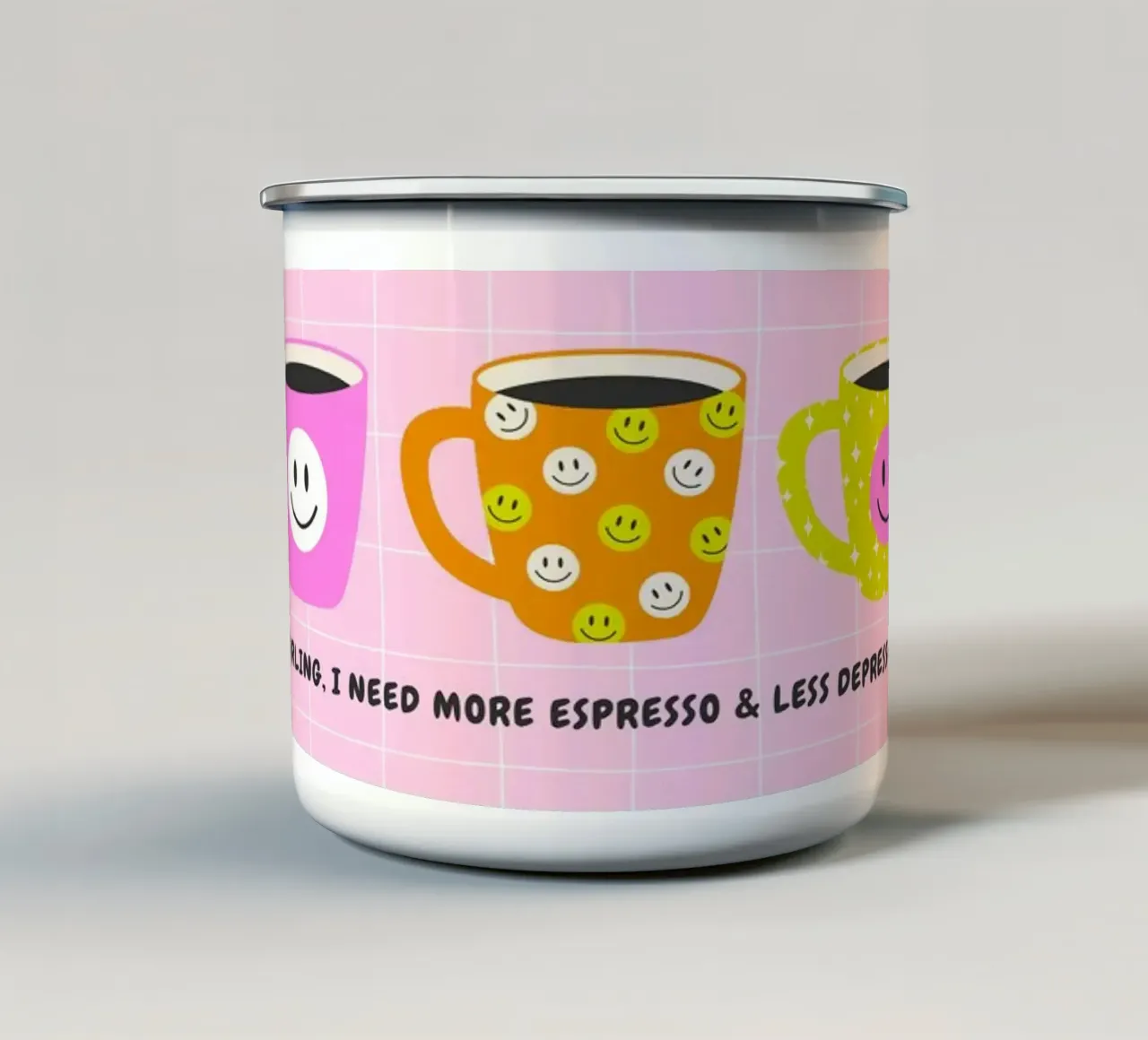 More Espresso, Less Depresso - Smiley Mugs tazza in smalto da Roseberry Design