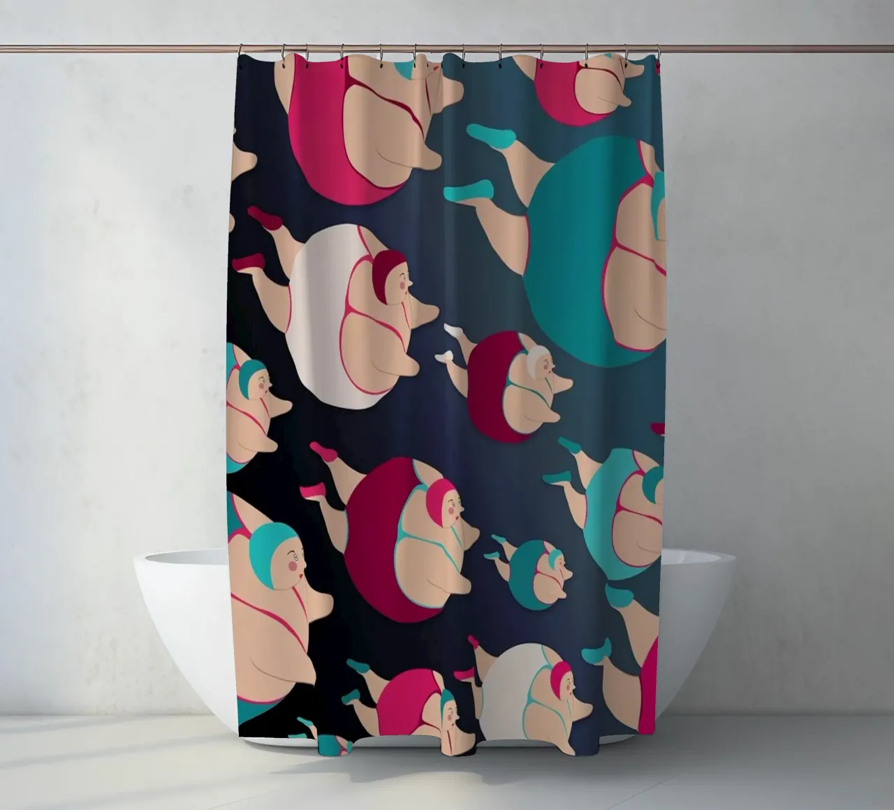 Night time swimmers shower curtain by Maria Kritzas