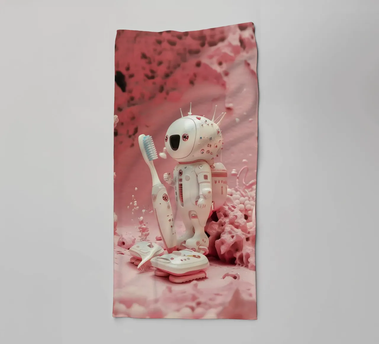 "Cosmic Clean" - Cute Robot Astronaut Art Print towel by Dental art