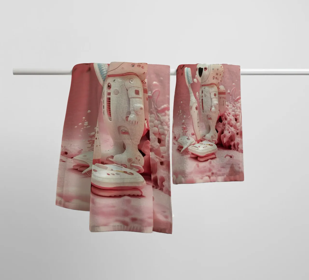 "Cosmic Clean" - Cute Robot Astronaut Art Print towel by Dental art