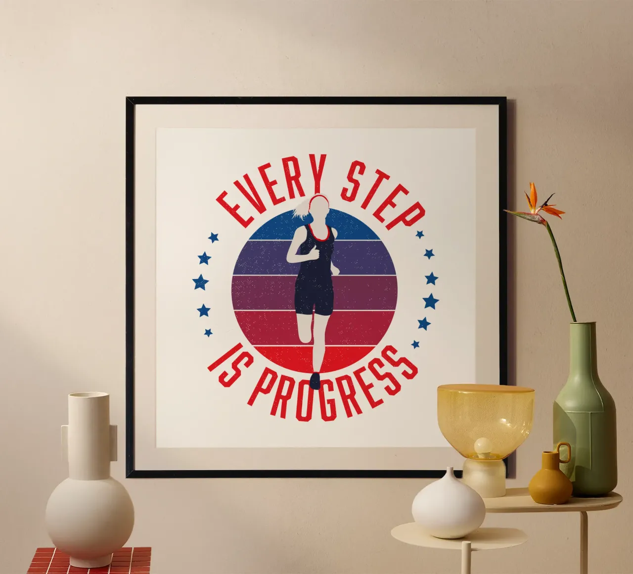 Ogni passo è un progresso. Slogan motivazionale per i runner. poster con telaio in plastica da CalliLetters