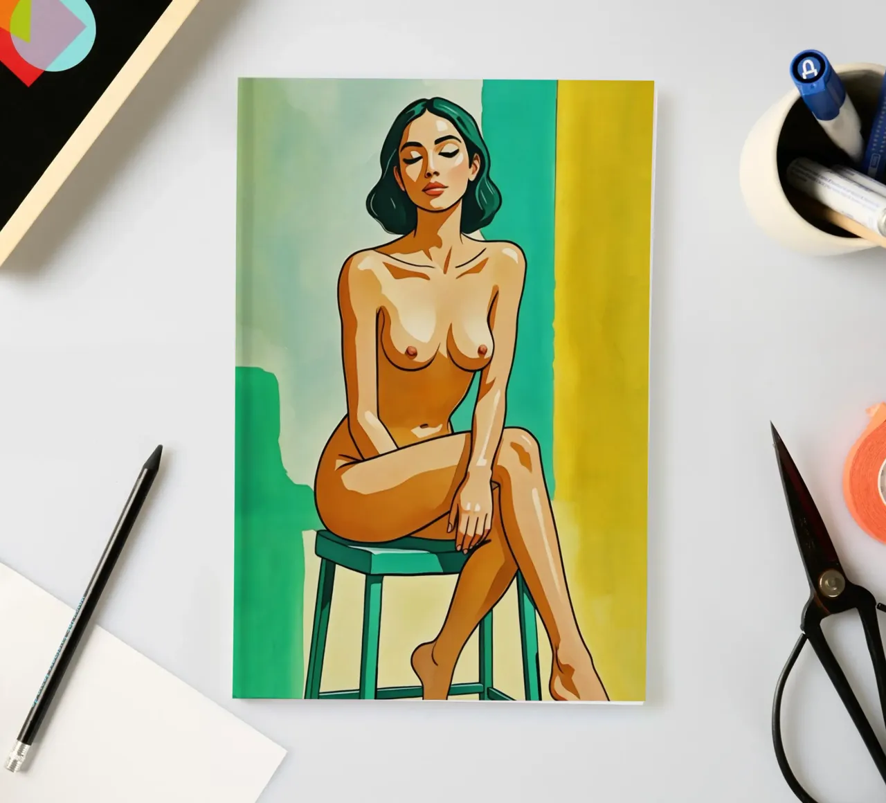 Nu féminin élégant sur un tabouret en jaune et vert carnet de notes de Hecate Pim Designs