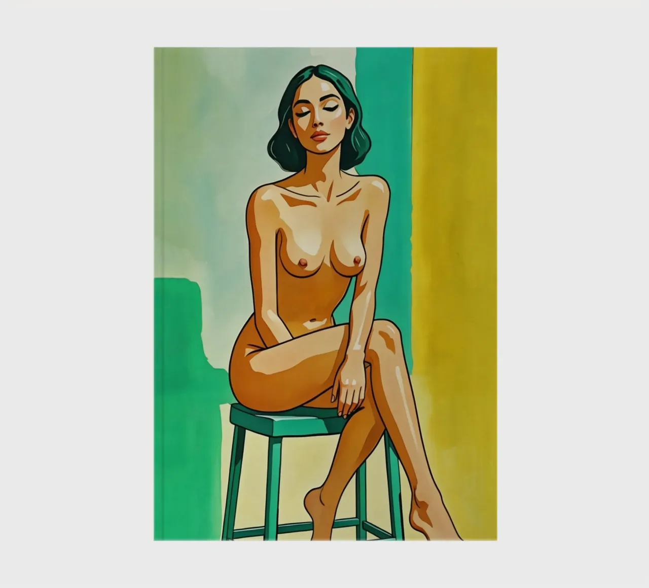 Nu féminin élégant sur un tabouret en jaune et vert carnet de notes de Hecate Pim Designs